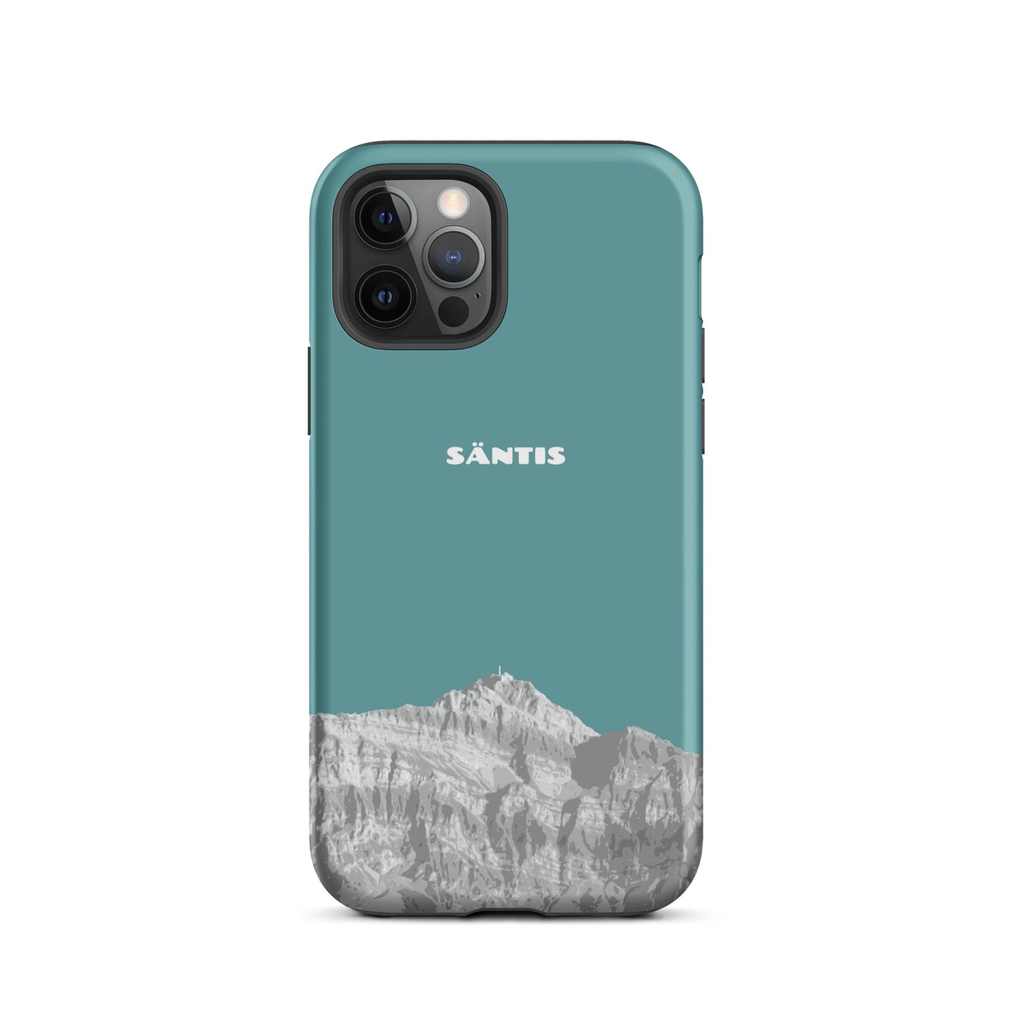 Kadettenblaue iPhone 12 Pro Hülle mit Säntis-Motiv aus dem Alpstein, robustes Design.