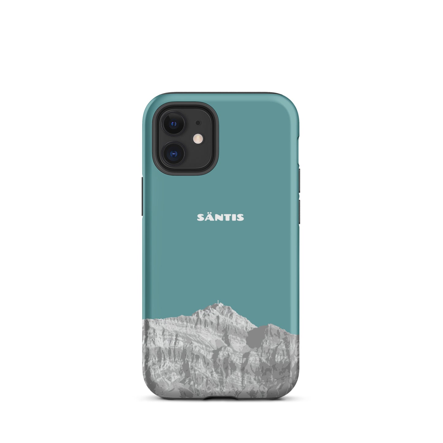 Kadettenblaue iPhone 12 Mini Hülle mit Säntis-Motiv aus dem Alpstein, robust und stilvoll.
