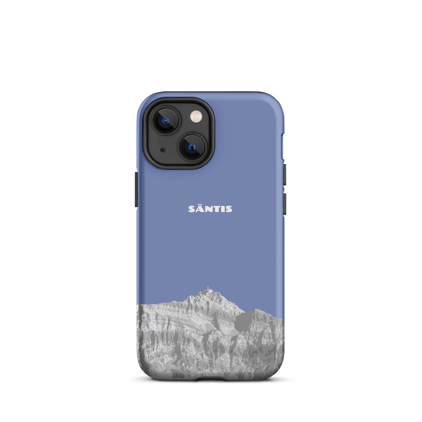 Pastellblaue iPhone 13 Mini Hülle mit Säntis-Motiv aus dem Alpstein, stoßfest und elegant.