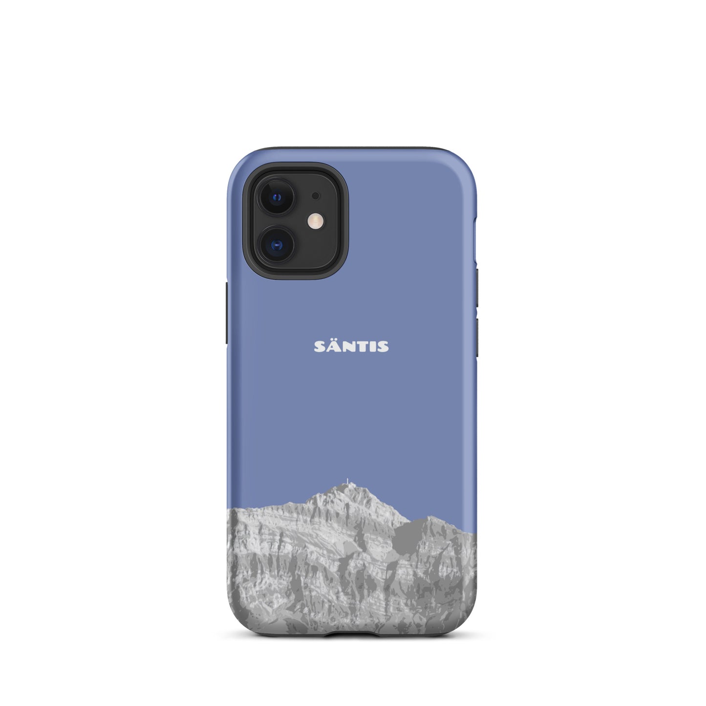 Pastellblaue iPhone 12 Mini Hülle mit Säntis-Motiv aus dem Alpstein, robustes Design.