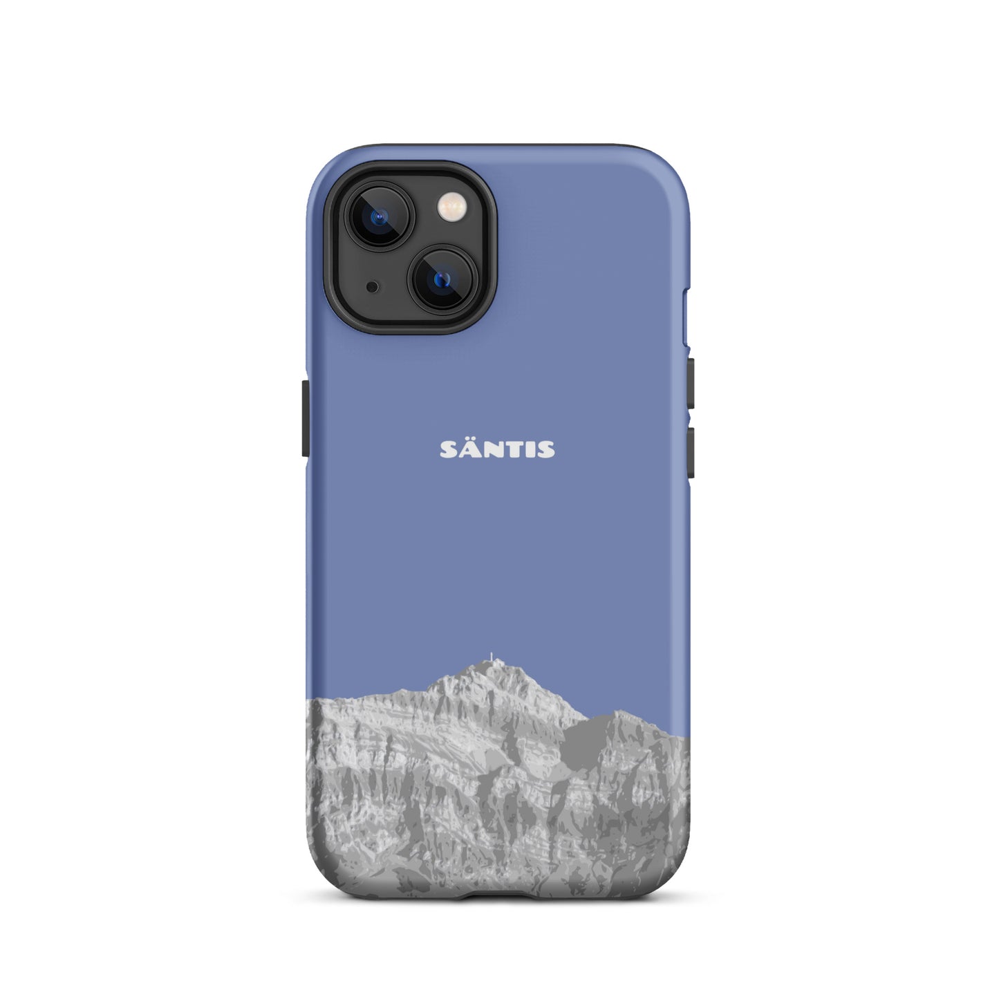 Pastellblaue iPhone 13 Hülle mit Säntis-Motiv aus dem Alpstein, robustes Design.