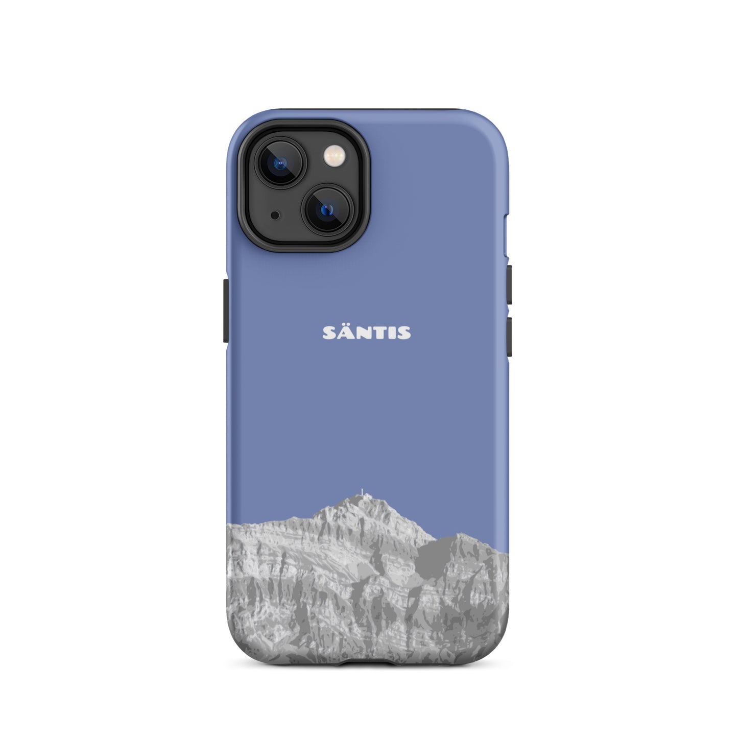 iPhone 14 Hülle in Pastellblau mit Säntis-Motiv, Alpstein-Design, dünn und leicht.