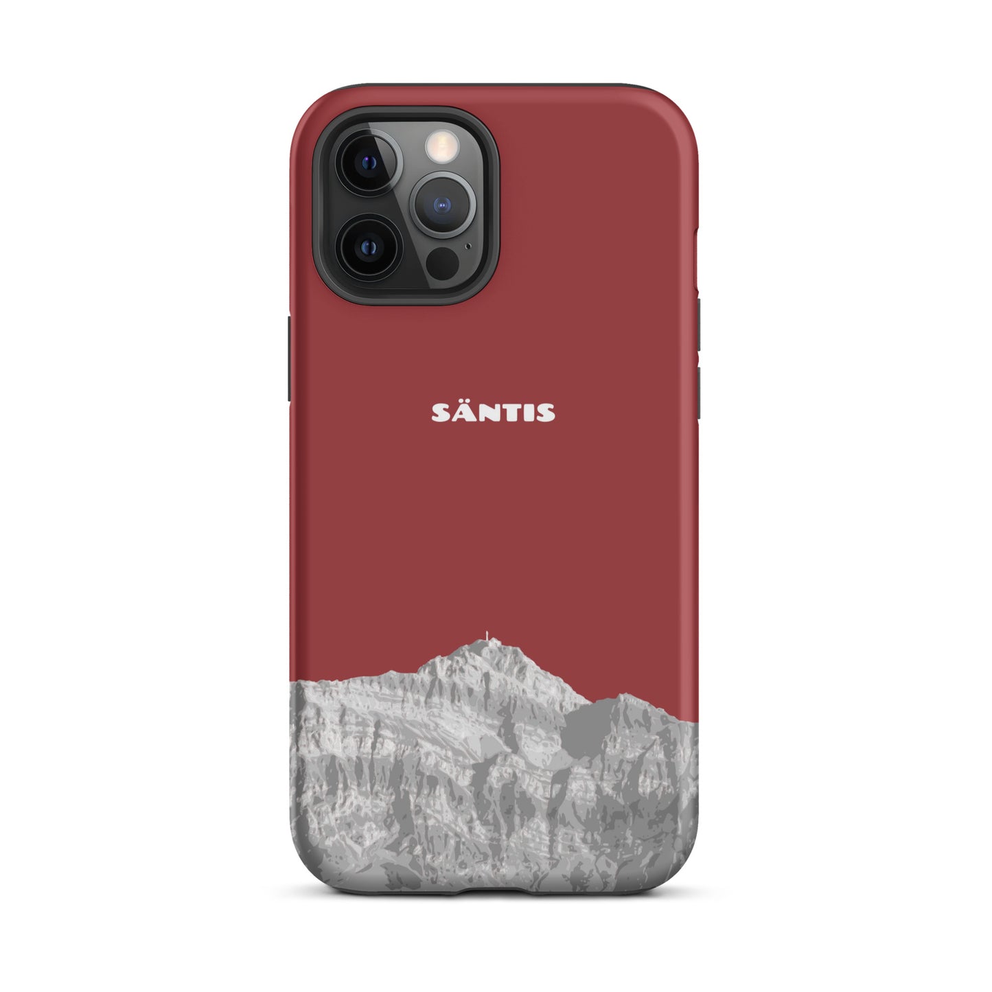 Rote iPhone 12 Pro Max Handyhülle mit Säntis Motiv aus dem Alpstein in der Ostschweiz.