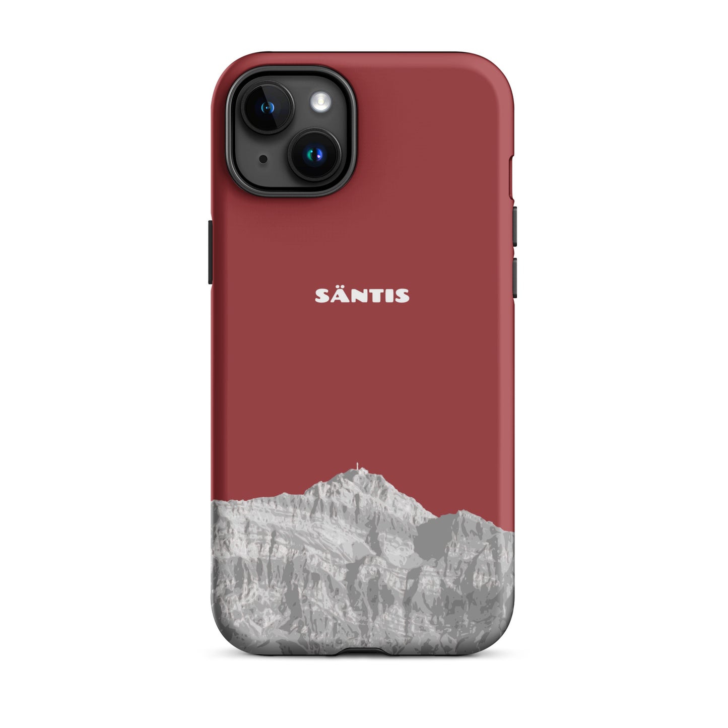 Rote iPhone 15 Plus Handyhülle mit Säntis-Alpstein-Design, robustes Material, präzise Aussparungen.