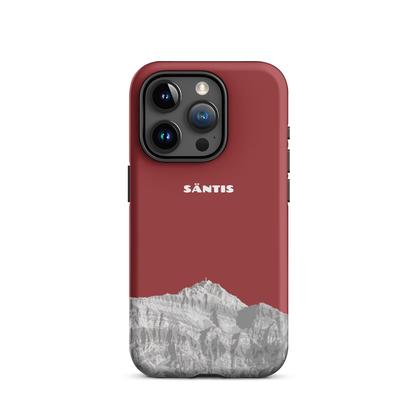 Rote iPhone 15 Pro Handyhülle mit Säntis-Motiv aus dem Alpstein, robustes Design.