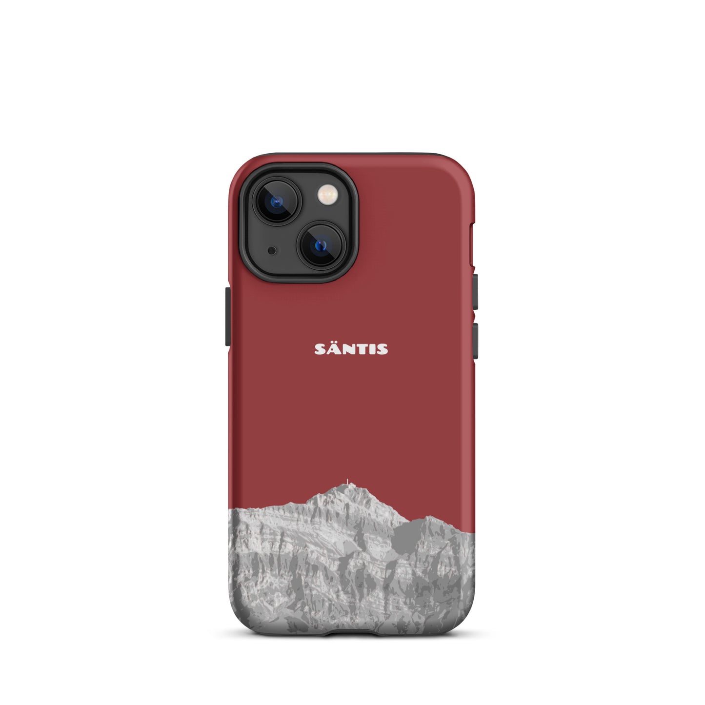 Rote iPhone 13 Mini Handyhülle mit Säntis-Motiv aus dem Alpstein, robustes Design.