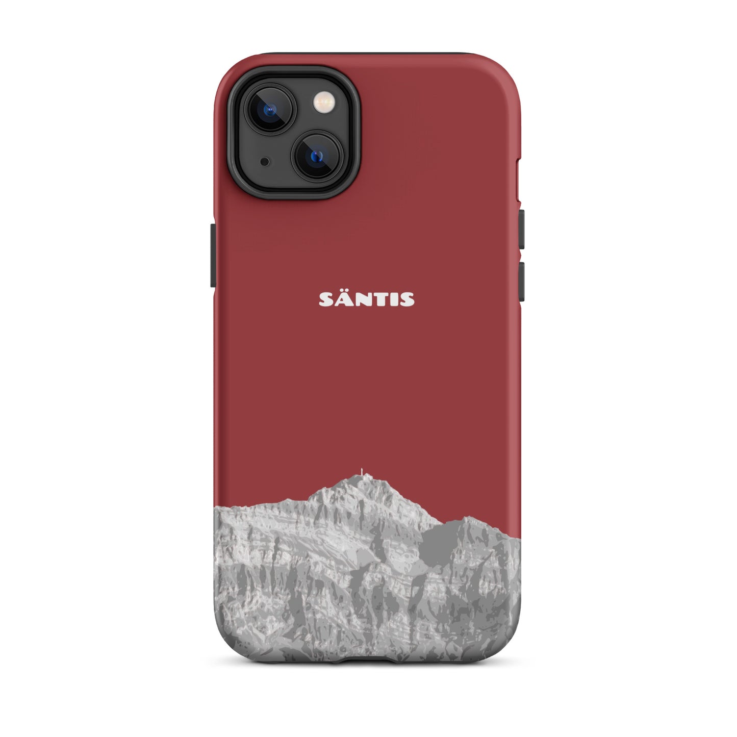 Rote iPhone 14 Plus Hülle mit Säntis-Motiv aus dem Alpstein, stoßfestes Silikon.