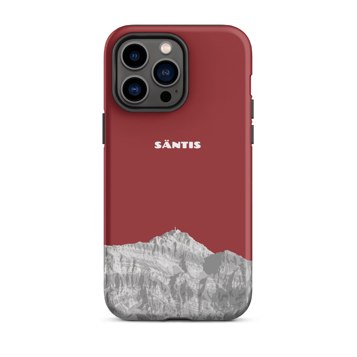 Rote iPhone 14 Pro Max Hülle mit Säntis-Motiv aus robustem Kunststoff, Schutz für dein Smartphone.