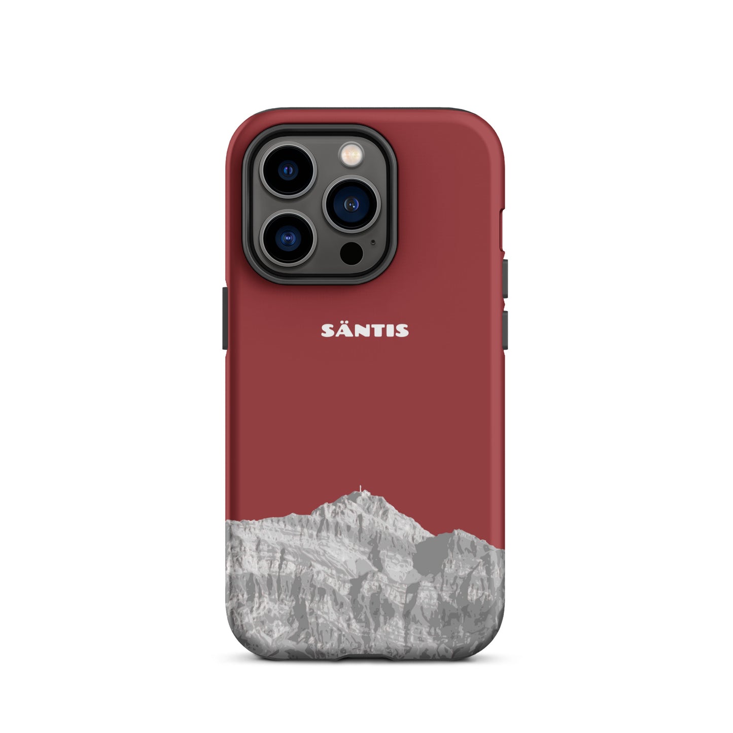 Rote iPhone 14 Pro Handyhülle mit Säntis-Motiv aus dem Alpstein, robustes Design, präzise Aussparungen.