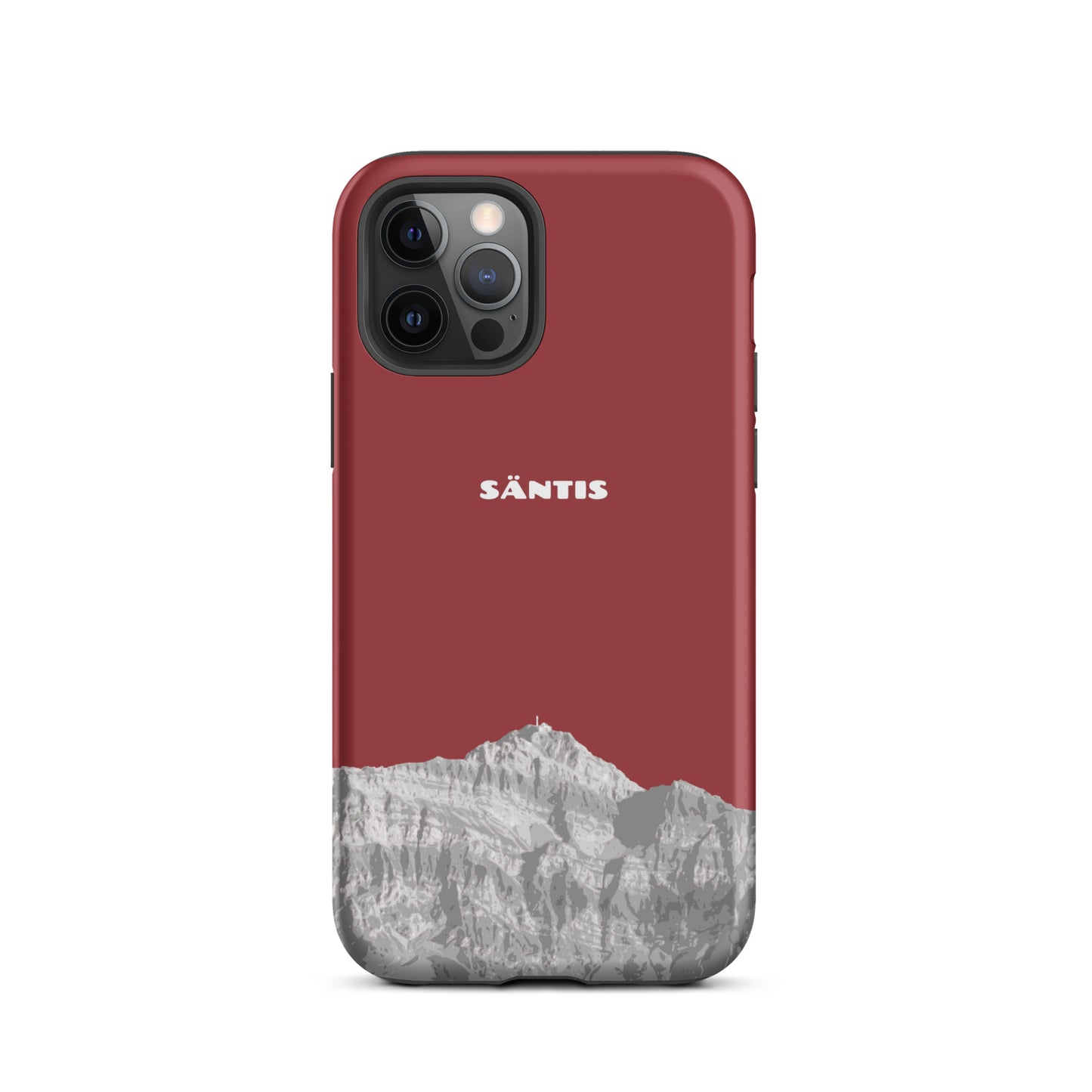 Rote iPhone 15 Pro Max Hülle mit Säntis-Motiv aus dem Alpstein, robustes Design.