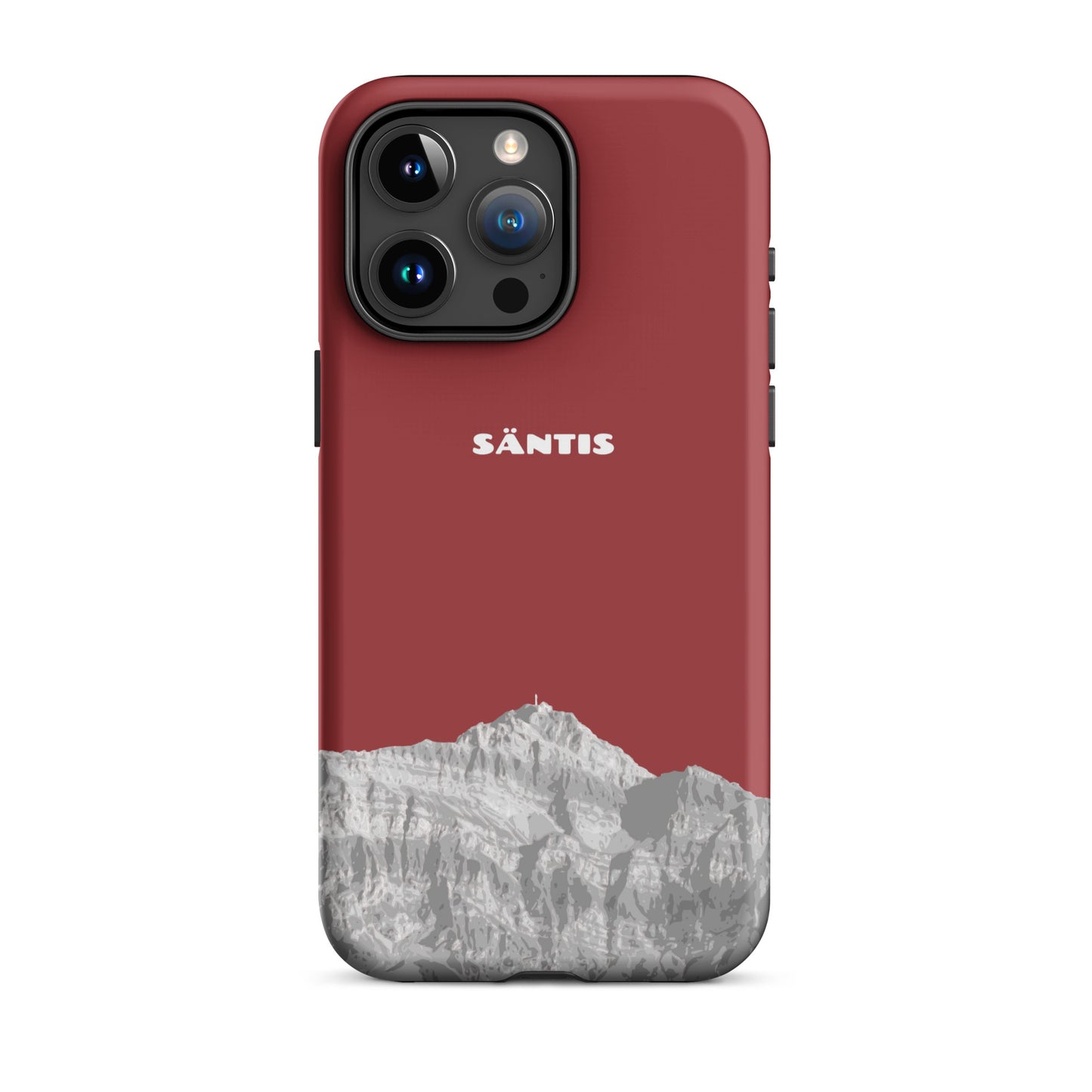 Rote iPhone 15 Pro Max Hülle mit Säntis-Motiv aus dem Alpstein, robustes Design, präzise Aussparungen.