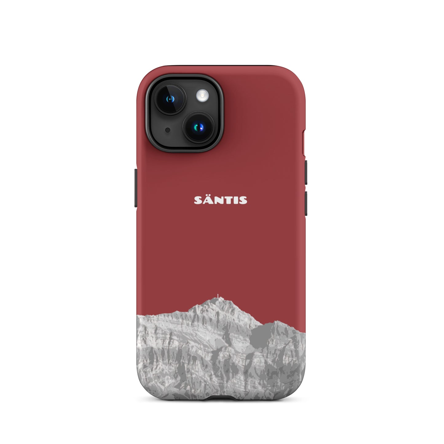 Rote iPhone 15 Hülle mit Säntis-Motiv aus strapazierfähigem Kunststoff, Vorderansicht.