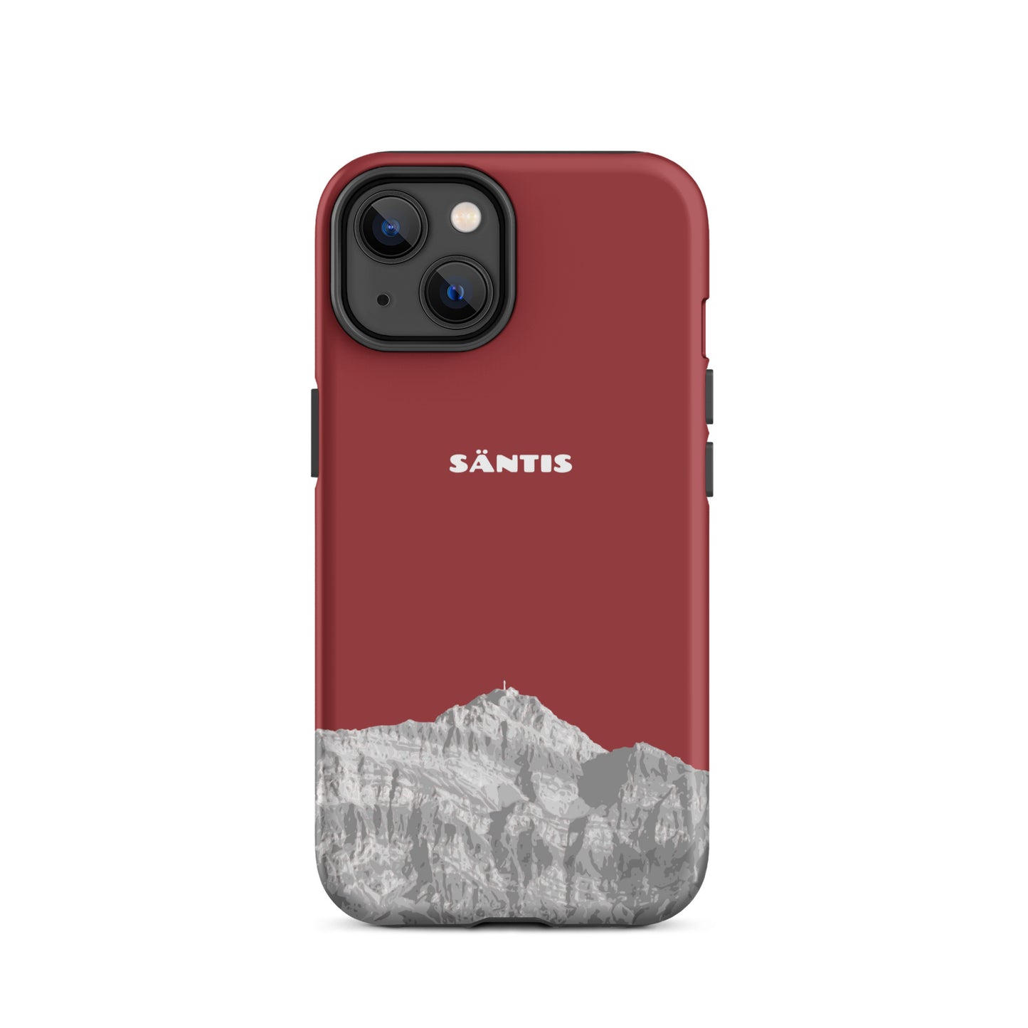 Rote iPhone 14 Handyhülle mit Säntis-Motiv aus dem Alpstein, robustes Design.