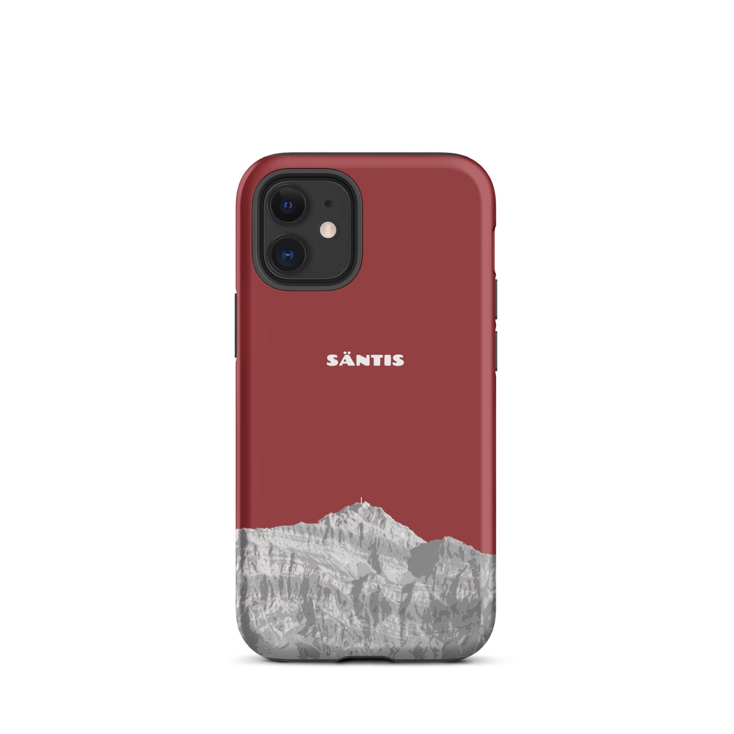 Rote iPhone 12 Mini Handyhülle mit Säntis-Motiv aus dem Alpstein, robustes Design.