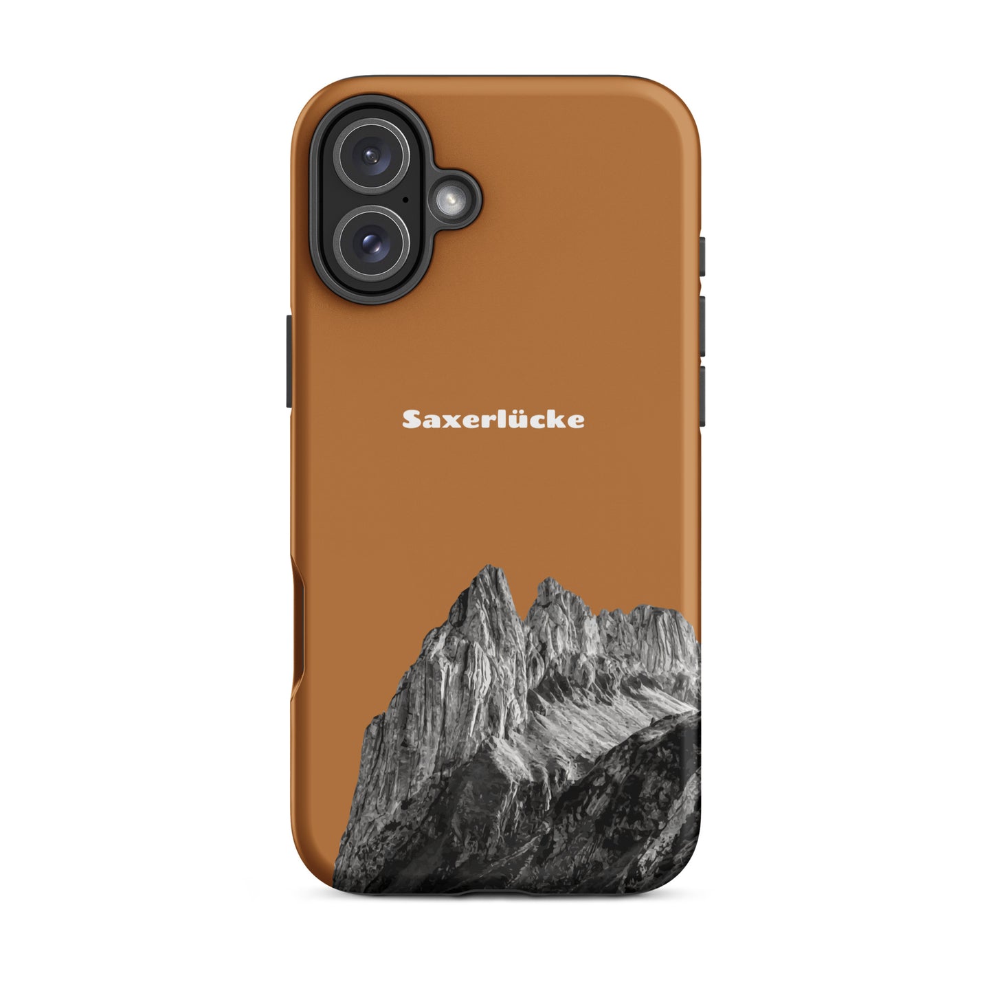 Robuste iPhone-Hülle in Kupferoptik mit Saxerlücke-Design, Alpstein-Motiv, stoßfest.
