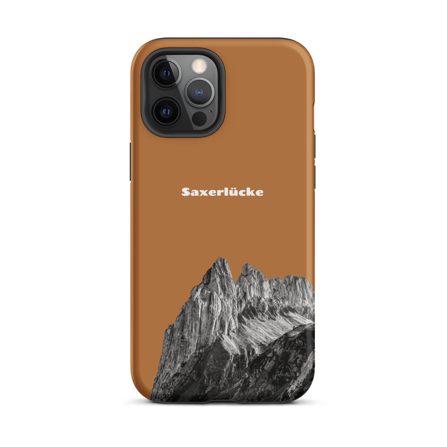 Robuste iPhone-Hülle in Kupferoptik mit Saxerlücke-Design, ideal für Outdoor-Enthusiasten.