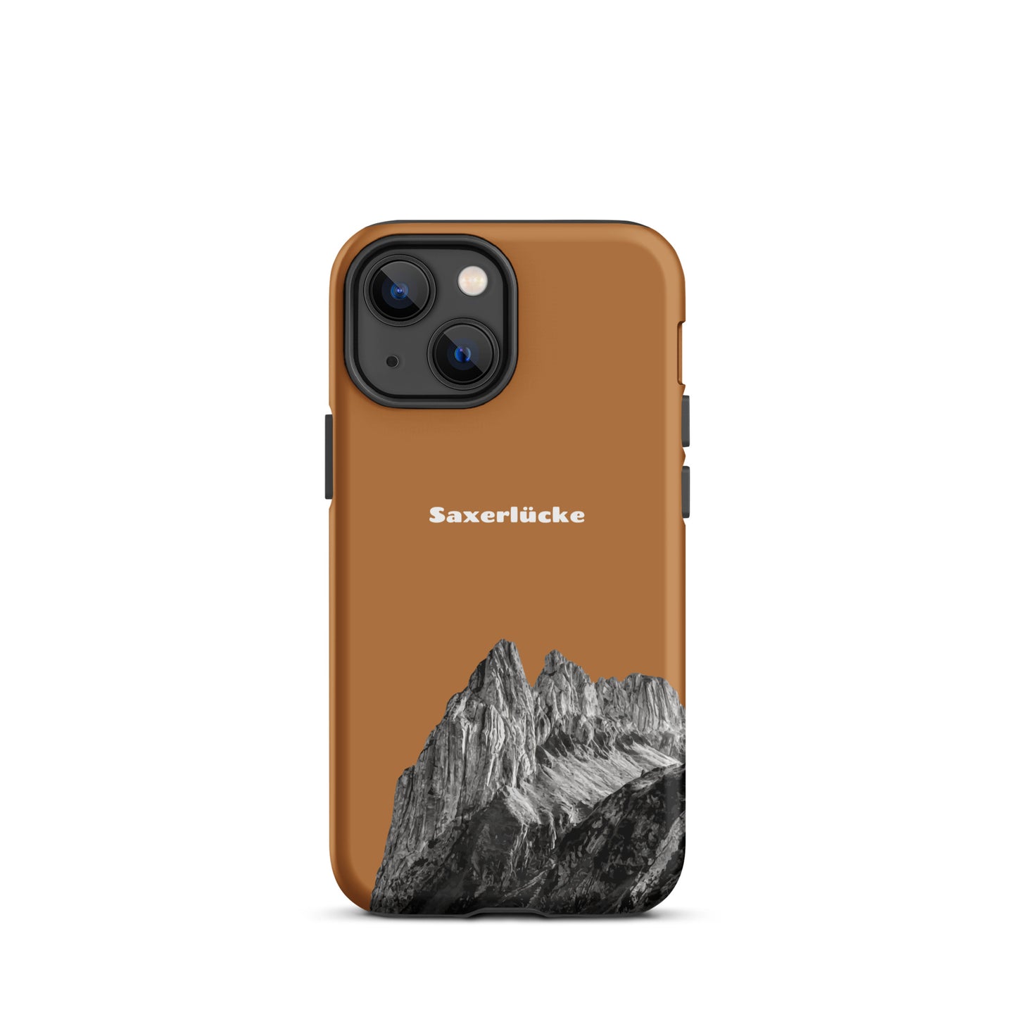 Robuste iPhone-Hülle in Kupferoptik mit Saxerlücke-Motiv, Alpstein-Design, stoßfest.