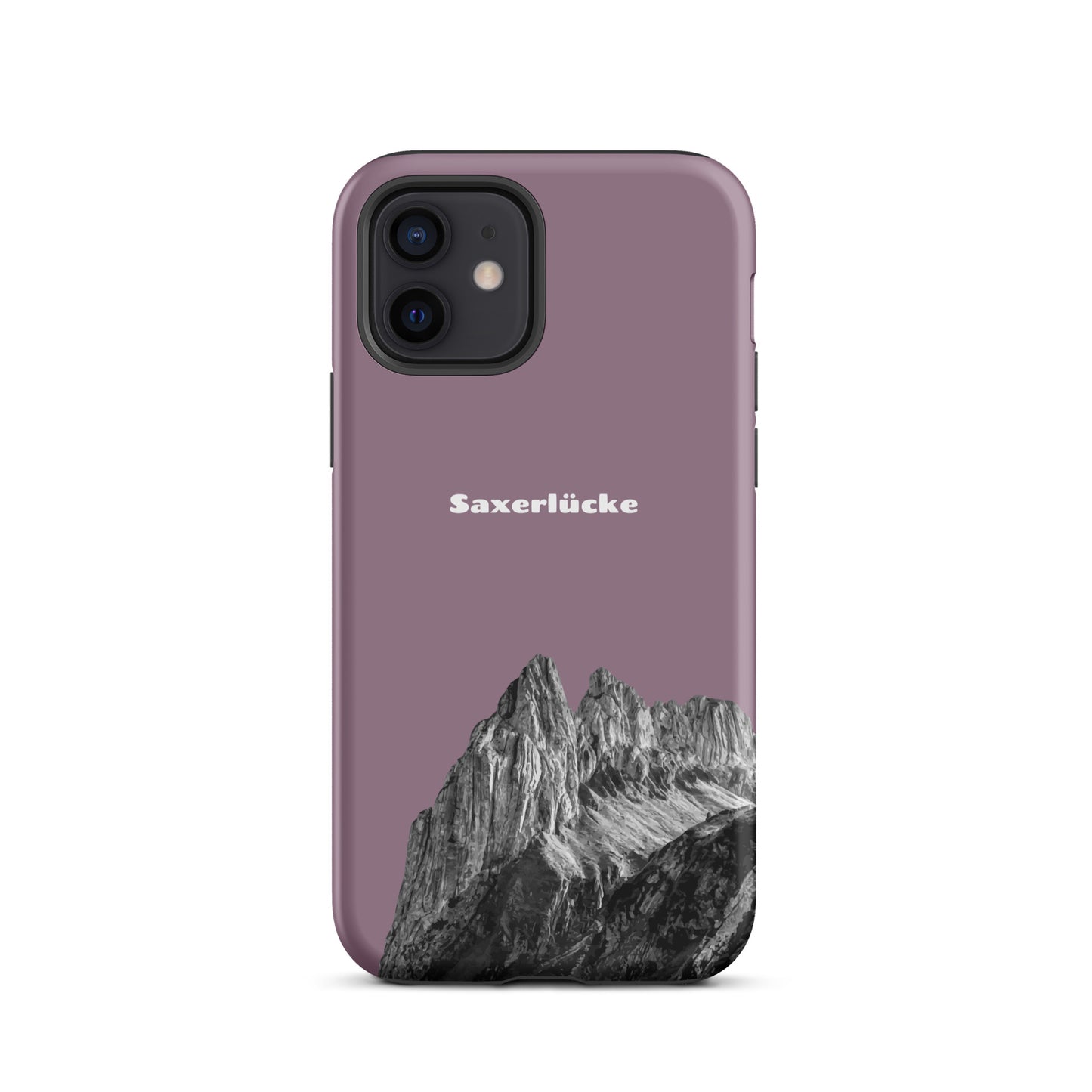 Robuste iPhone-Hülle in Pastellviolett mit Saxerlücke-Motiv aus dem Alpstein, Schutzhülle mit attraktivem Design.