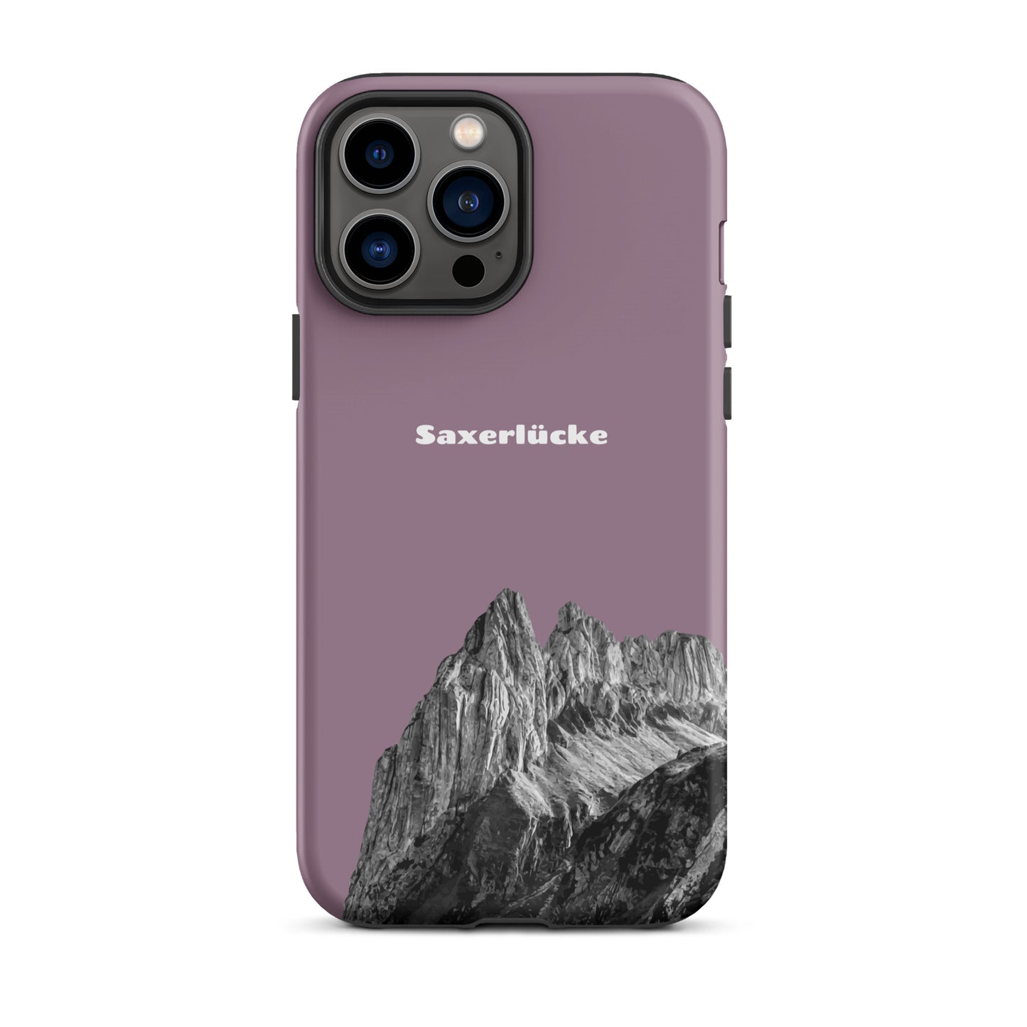 iPhone Hülle Saxerlücke in Pastellviolett, robuste Schutzhülle mit Alpenmotiv, Seitenansicht.
