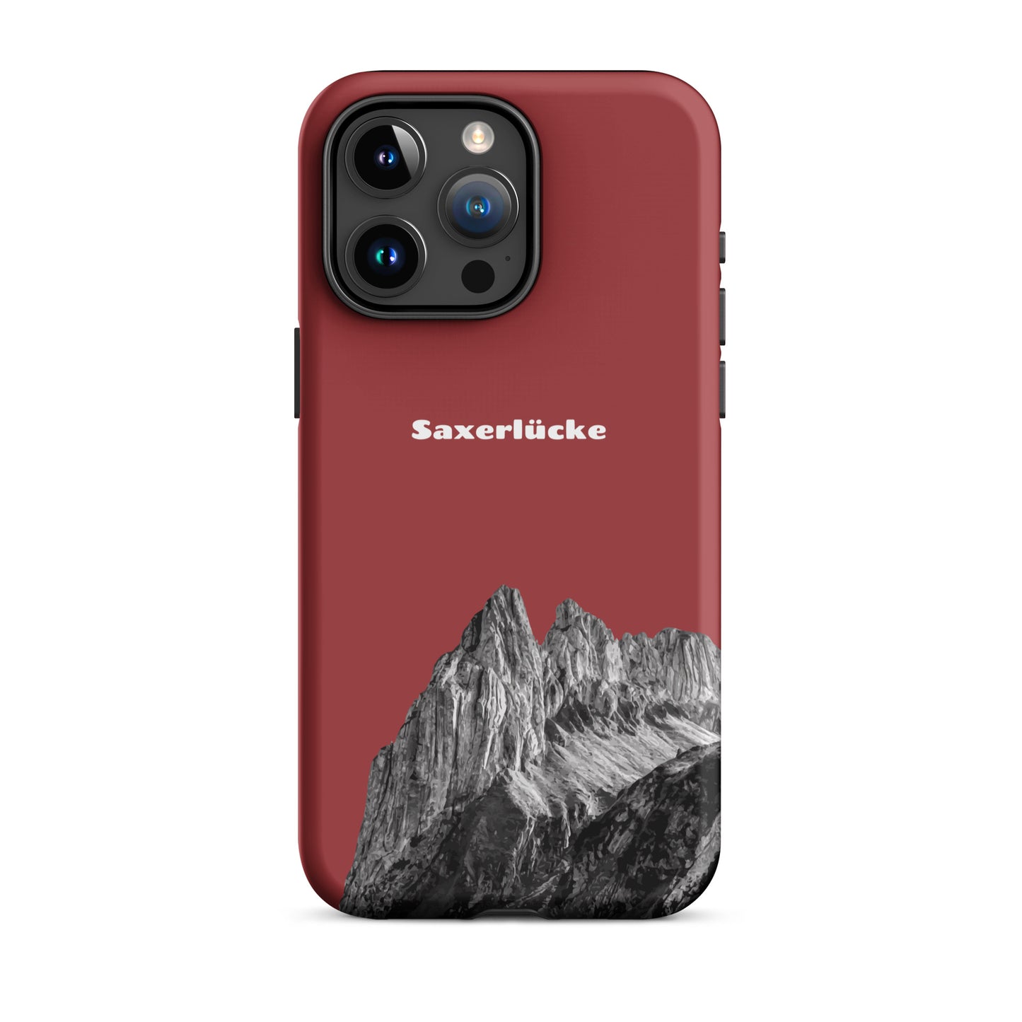 Rote iPhone Hülle mit Saxerlücke-Motiv im Alpstein, robustes Design aus hochwertigem Material, ideal für Outdoor-Aktivitäten.