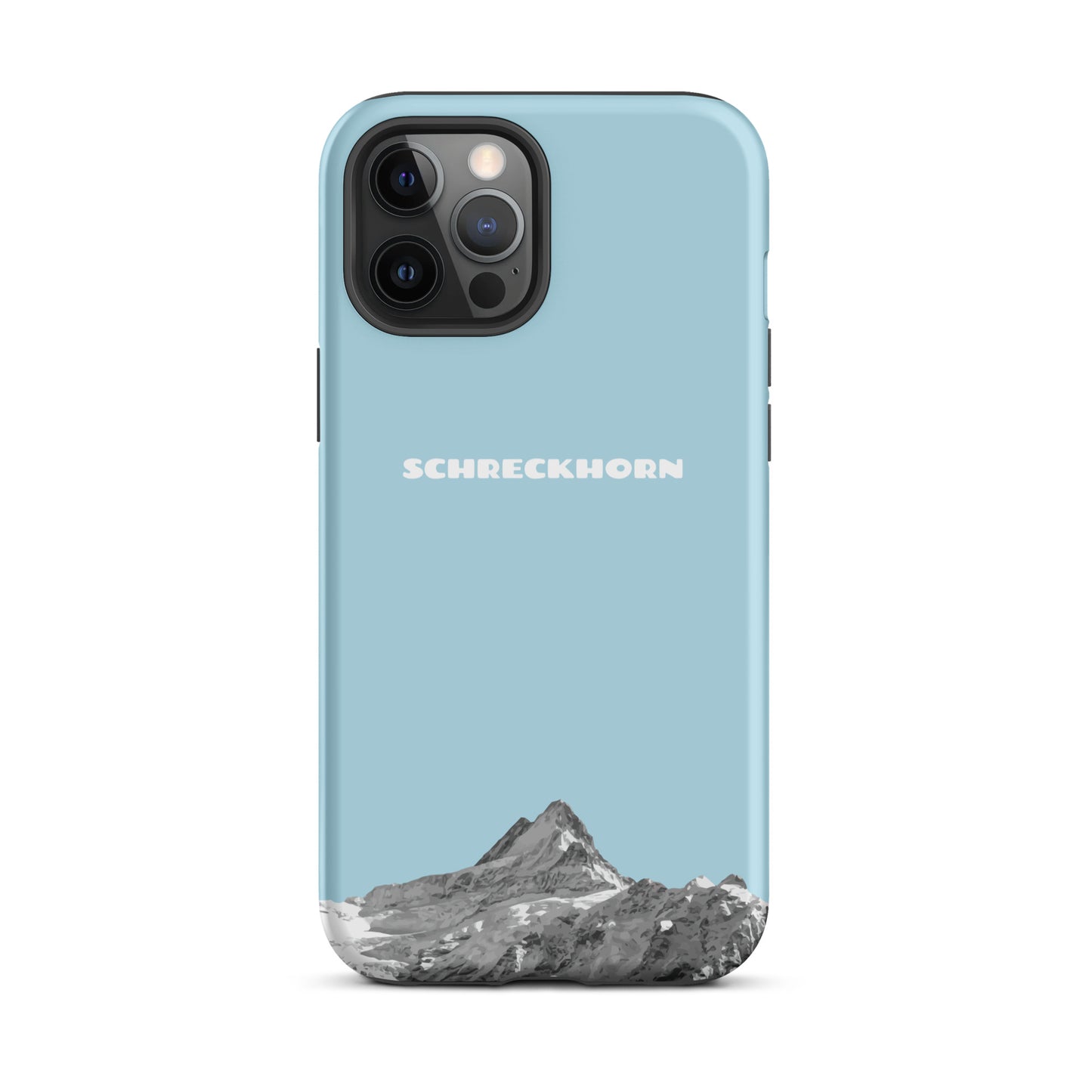 Hellblaue iPhone Hülle mit Schreckhorn-Motiv, passend für iPhone 12 Pro Max, aus robustem Material.