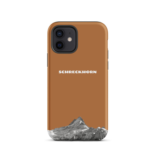 Kupferfarbene iPhone 16 Pro Max Hülle mit Schreckhorn-Motiv, robustes Design.