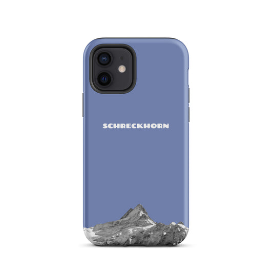Pastellblaue iPhone 16 Pro Max Hülle mit Schreckhorn-Motiv aus widerstandsfähigem Kunststoff.