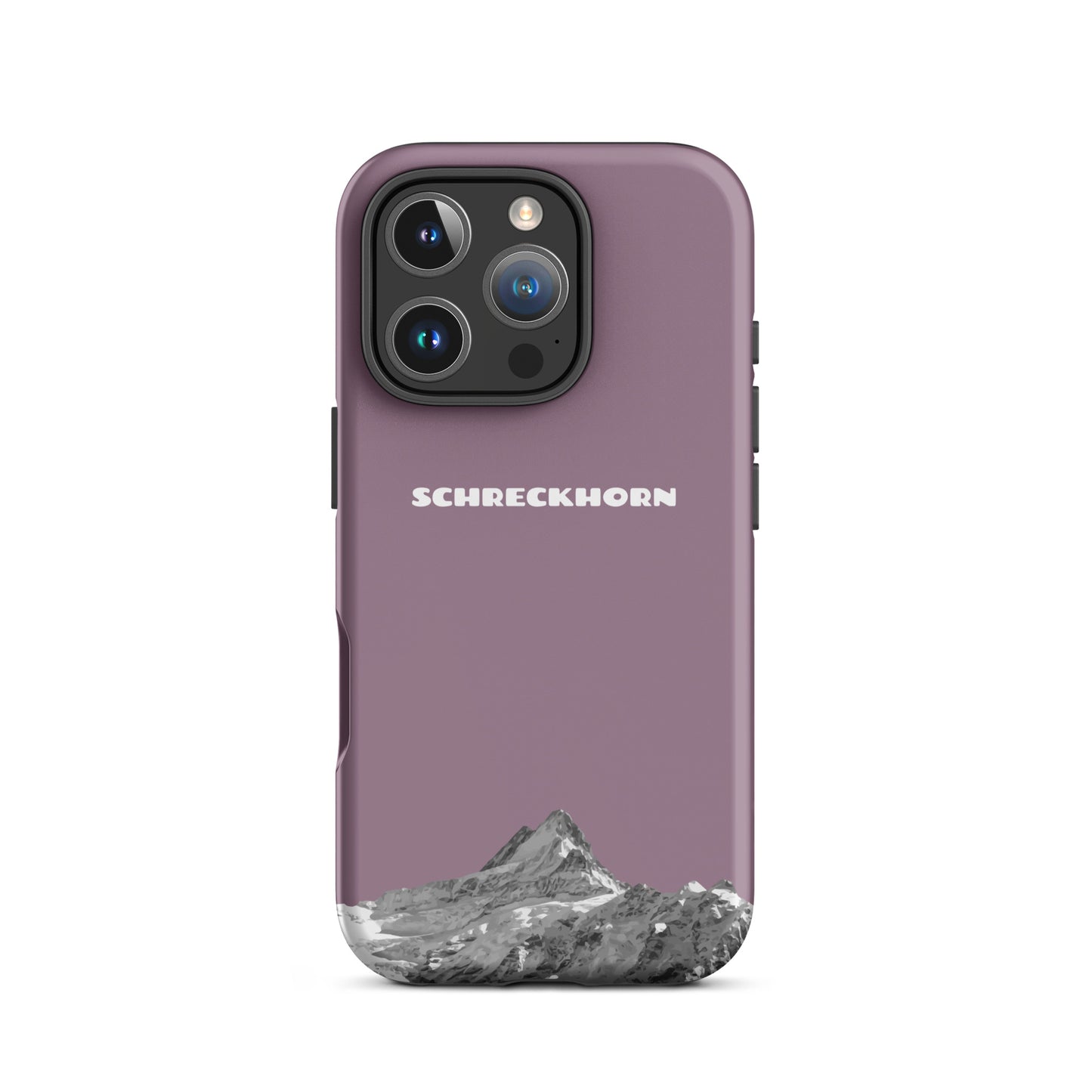 iPhone 16 Pro Hülle in Pastellviolett mit Schreckhorn-Motiv, stoßfestes Silikon.