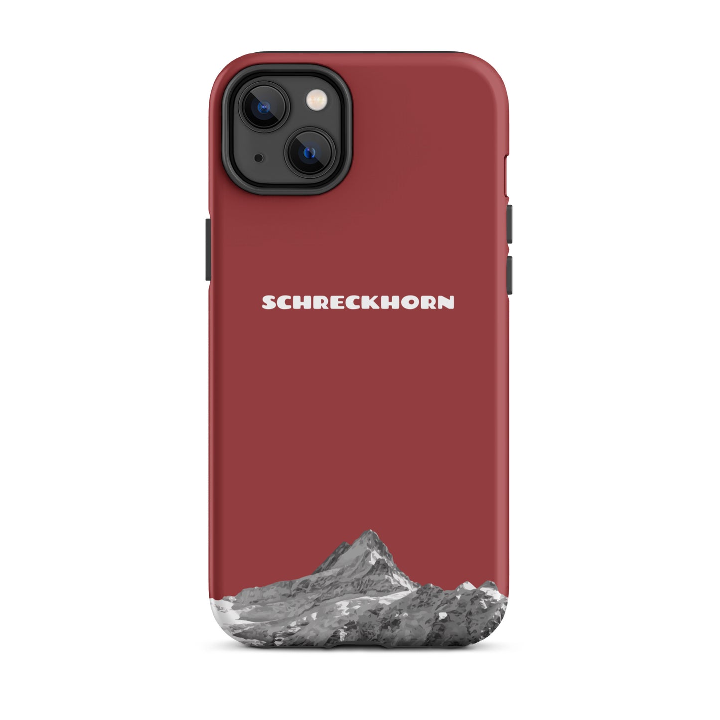 Rote iPhone 14 Plus Hülle mit Schreckhorn-Motiv, robustes Design, präzise Aussparungen.
