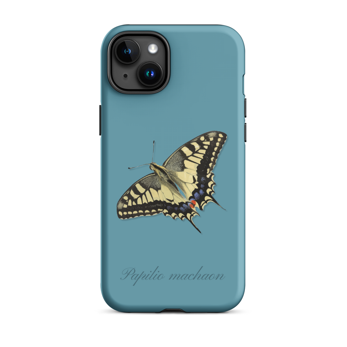 iPhone Hülle mit Schwalbenschwanzmuster in Gletscherwasserblau, seitliche Ansicht.