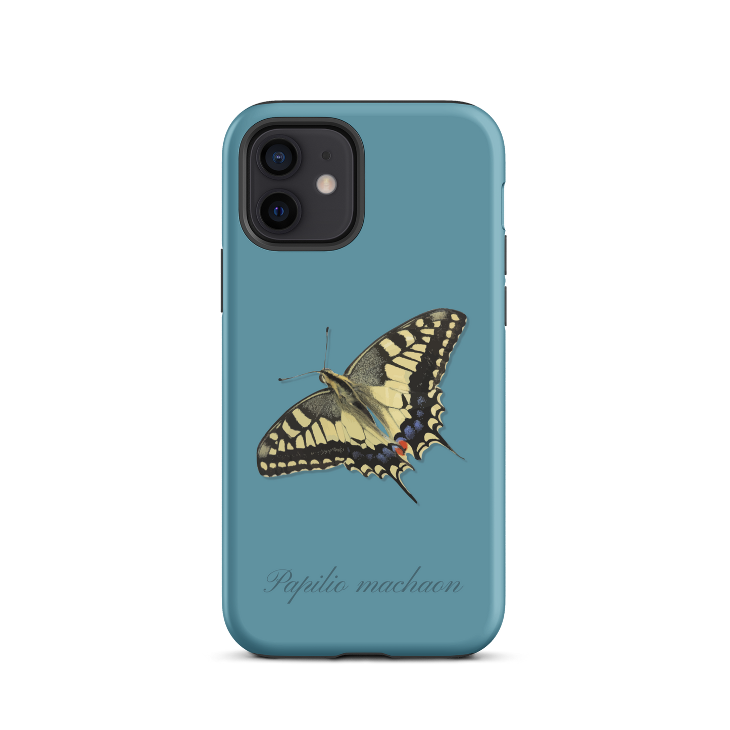 iPhone Hülle mit Schwalbenschwanz-Muster in Gletscherwasserblau, Seitenansicht.