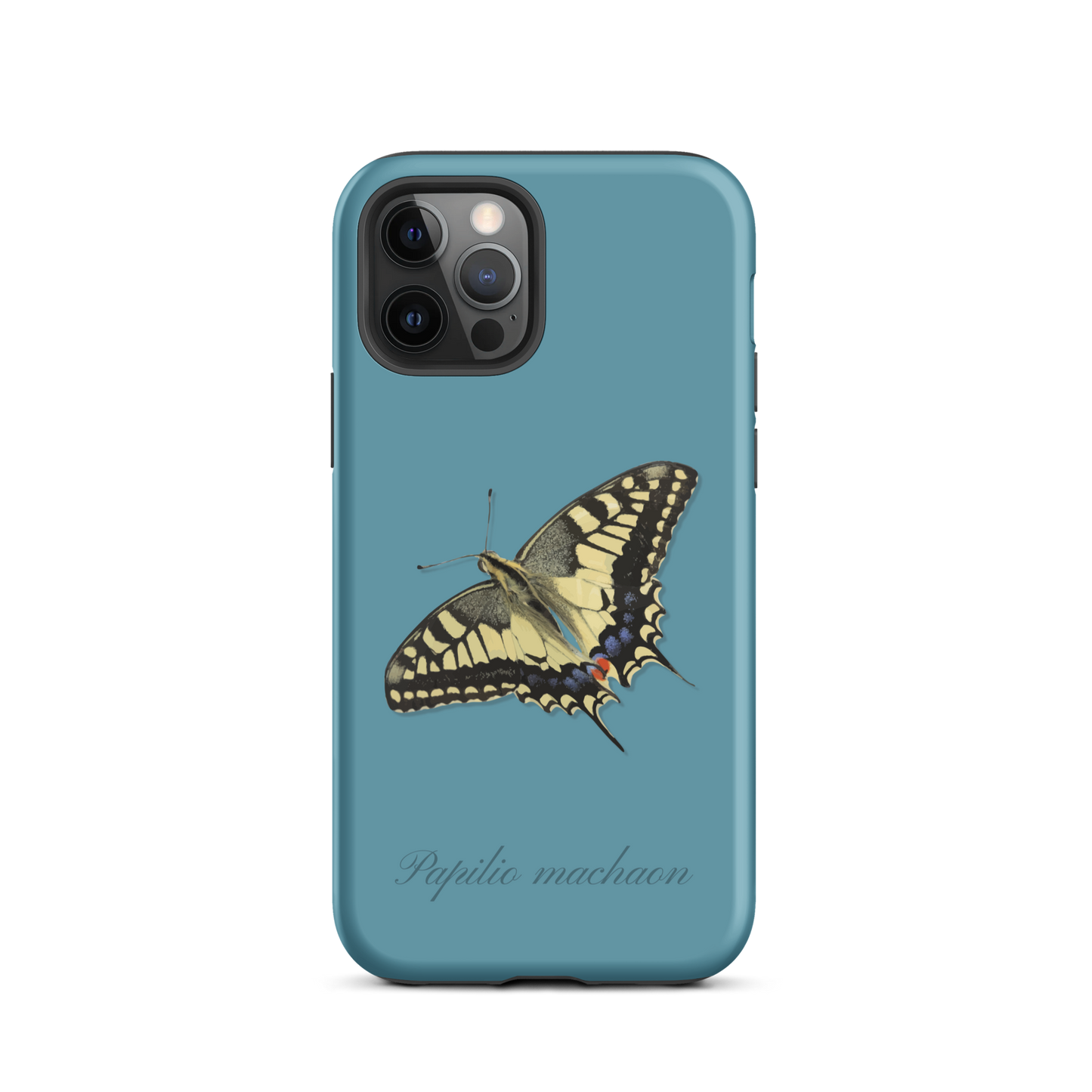 iPhone Hülle mit Schwalbenschwanzmuster in Gletscherwasserblau, Seitenansicht