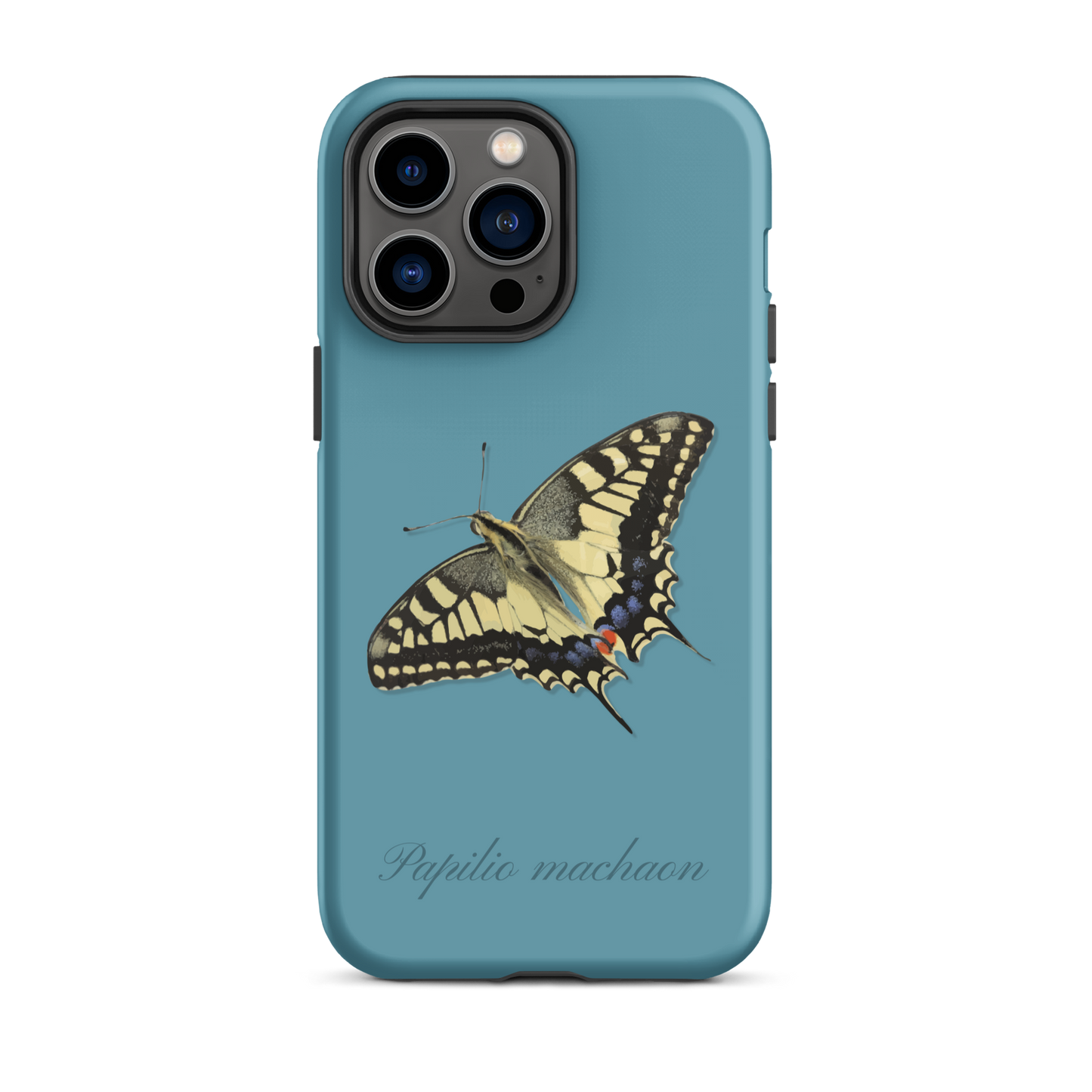 iPhone Case in Gletscherwasserblau mit Schwalbenschwanz-Muster, seitliche Ansicht