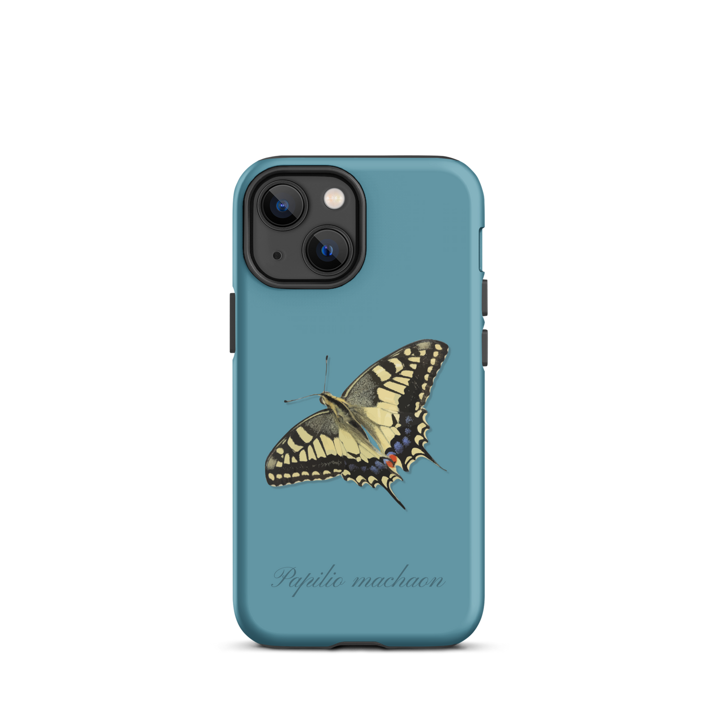 iPhone Case Schwalbenschwanz in Gletscherwasserblau mit Holzmaserung