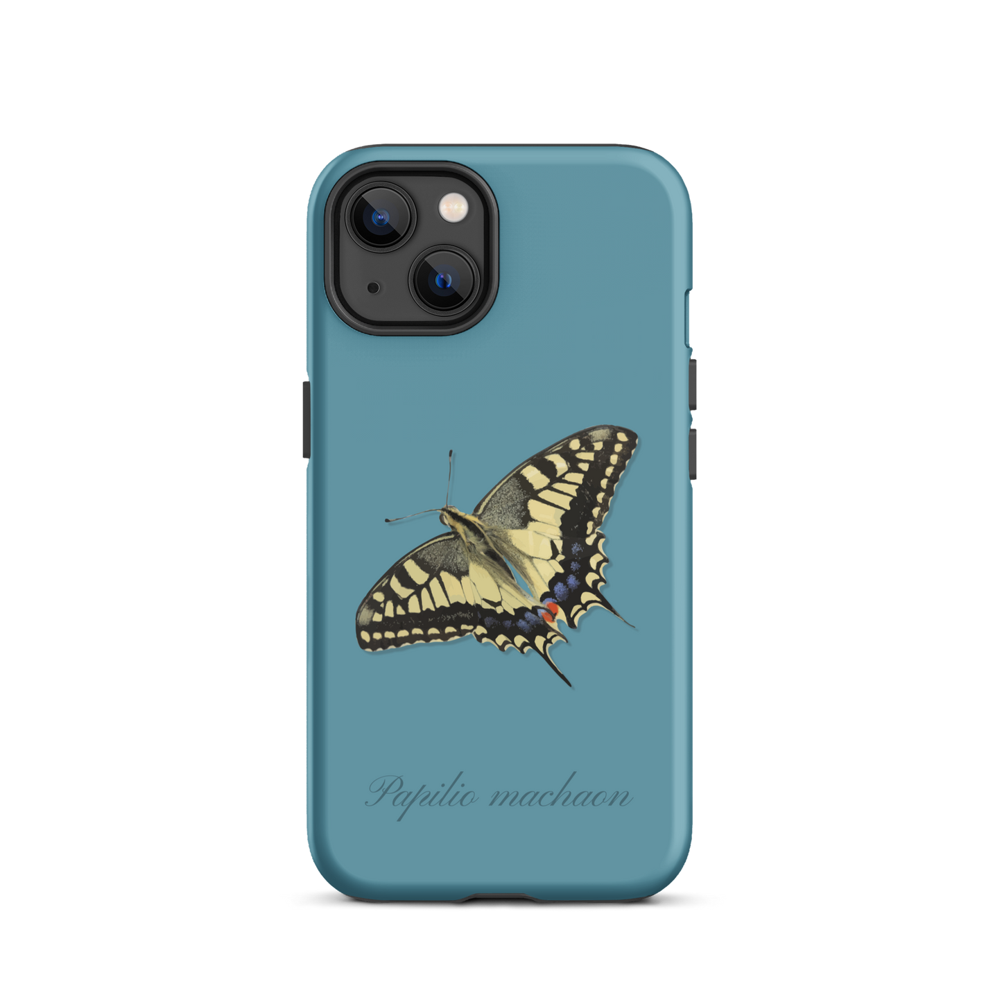 iPhone Case Schwalbenschwanz in Gletscherwasserblau mit Holzoptik.