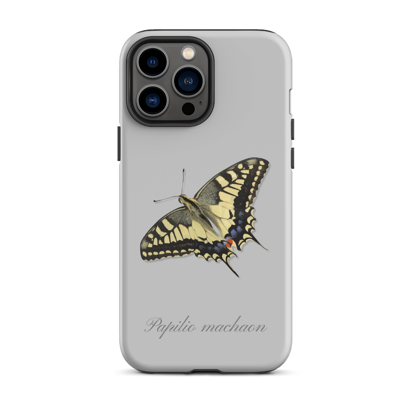 Graue iPhone-Hülle mit Schwalbenschwanz-Muster, seitliche Ansicht.