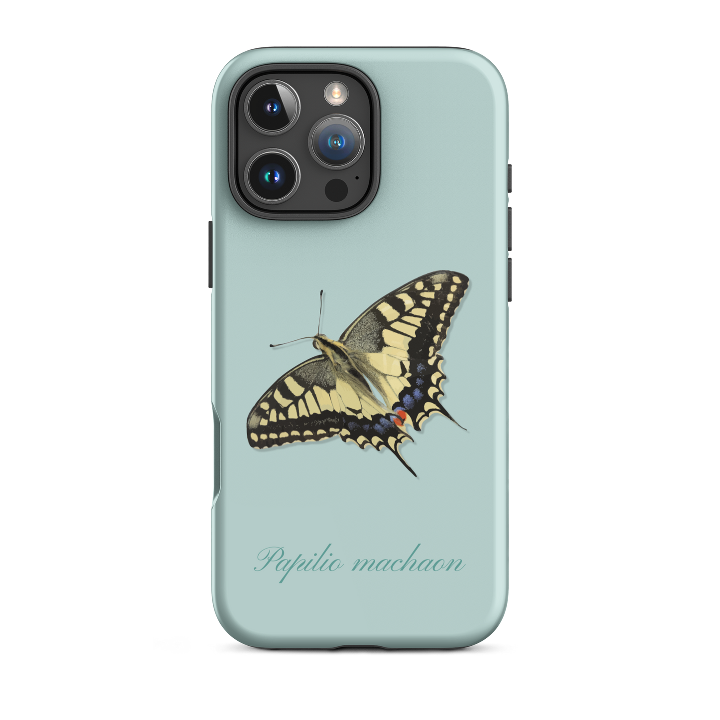 iPhone Case mit Schwalbenschwanz-Muster in Hellblau, schützende Handyhülle aus robustem Material.