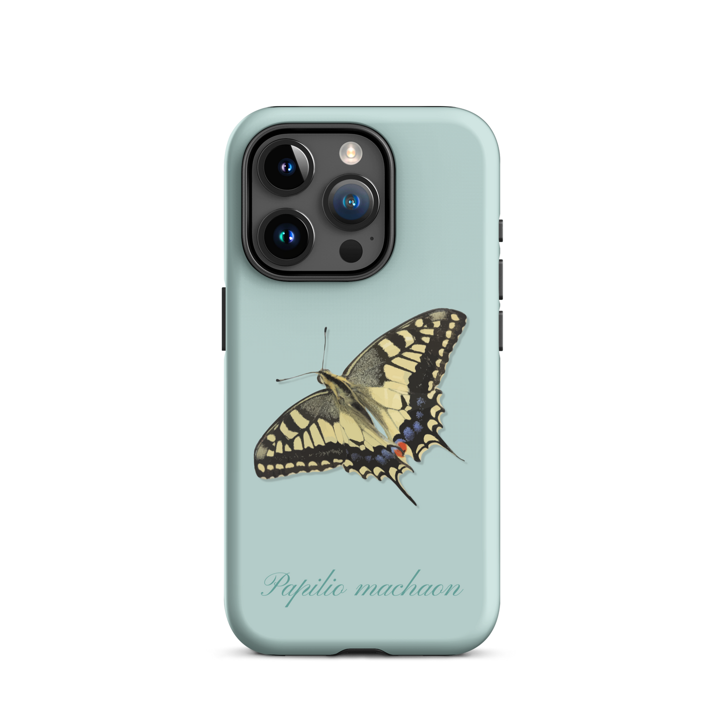 iPhone Handyhülle mit Schwalbenschwanzmuster in Hellblau, Seitenansicht