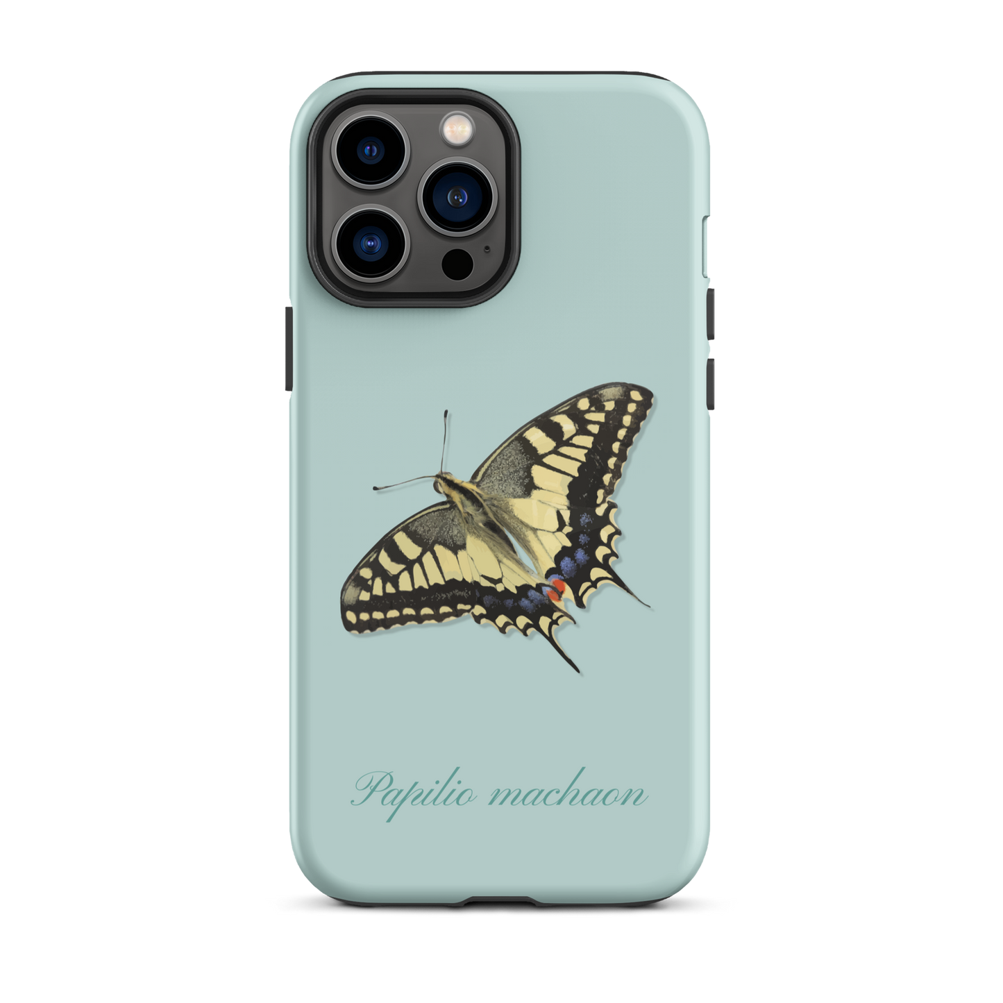 iPhone Case mit Schwalbenschwanz-Muster in Hellblau, seitliche Ansicht