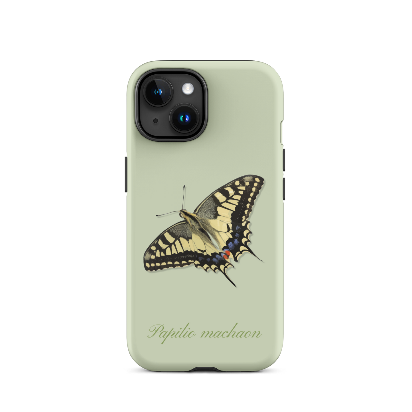 Hellgrüne iPhone-Hülle mit Schwalbenschwanz-Muster aus Silikon, Seitenansicht.