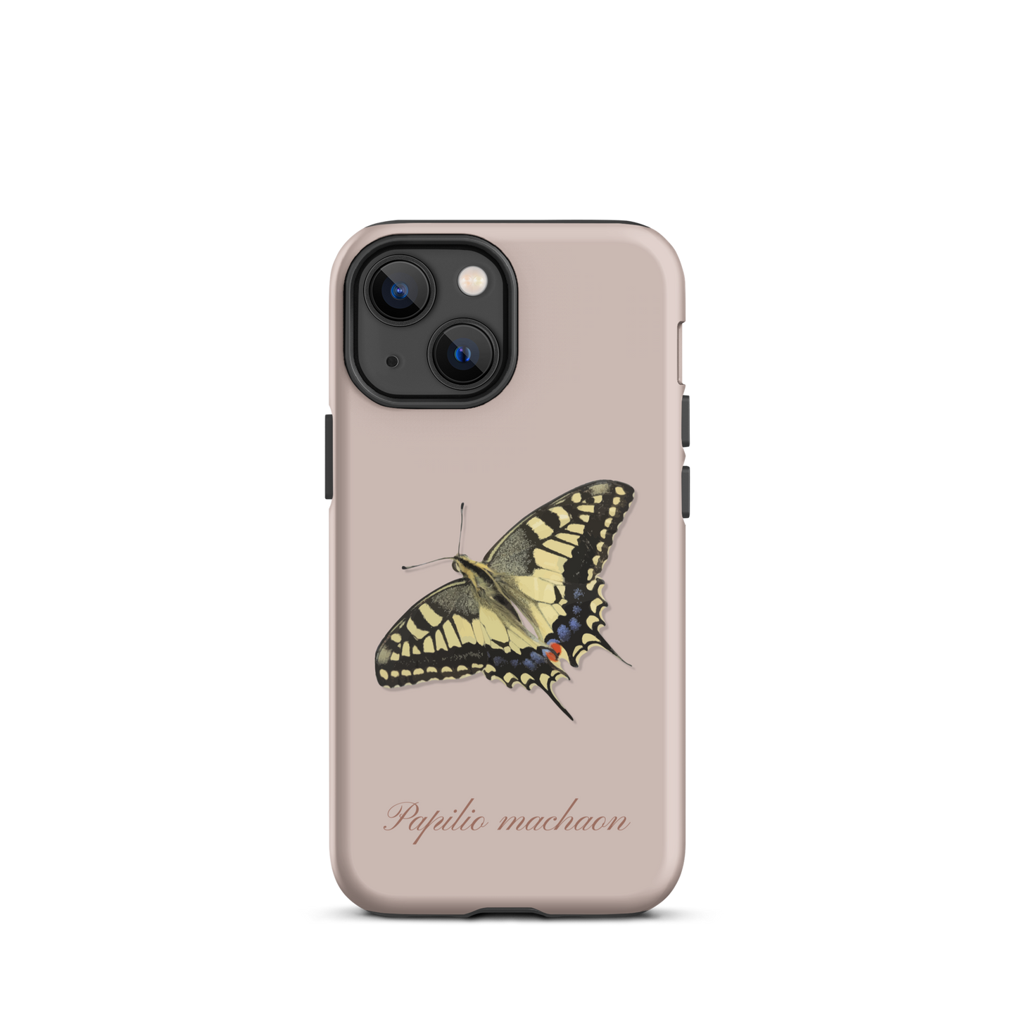 Rosa iPhone-Hülle mit Schwalbenschwanz-Muster, seitliche Ansicht.
