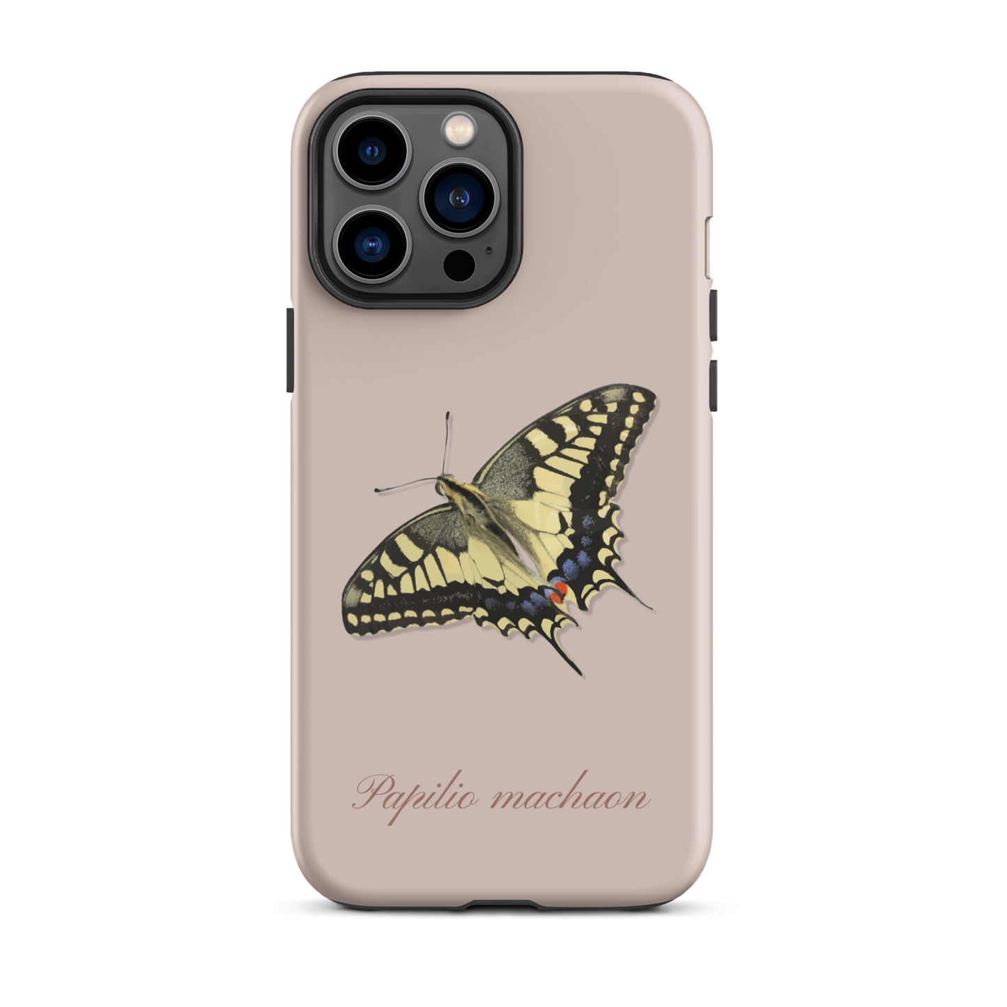 Rosa iPhone Case mit Schwalbenschwanz-Muster aus Kunstleder, seitliche Ansicht.