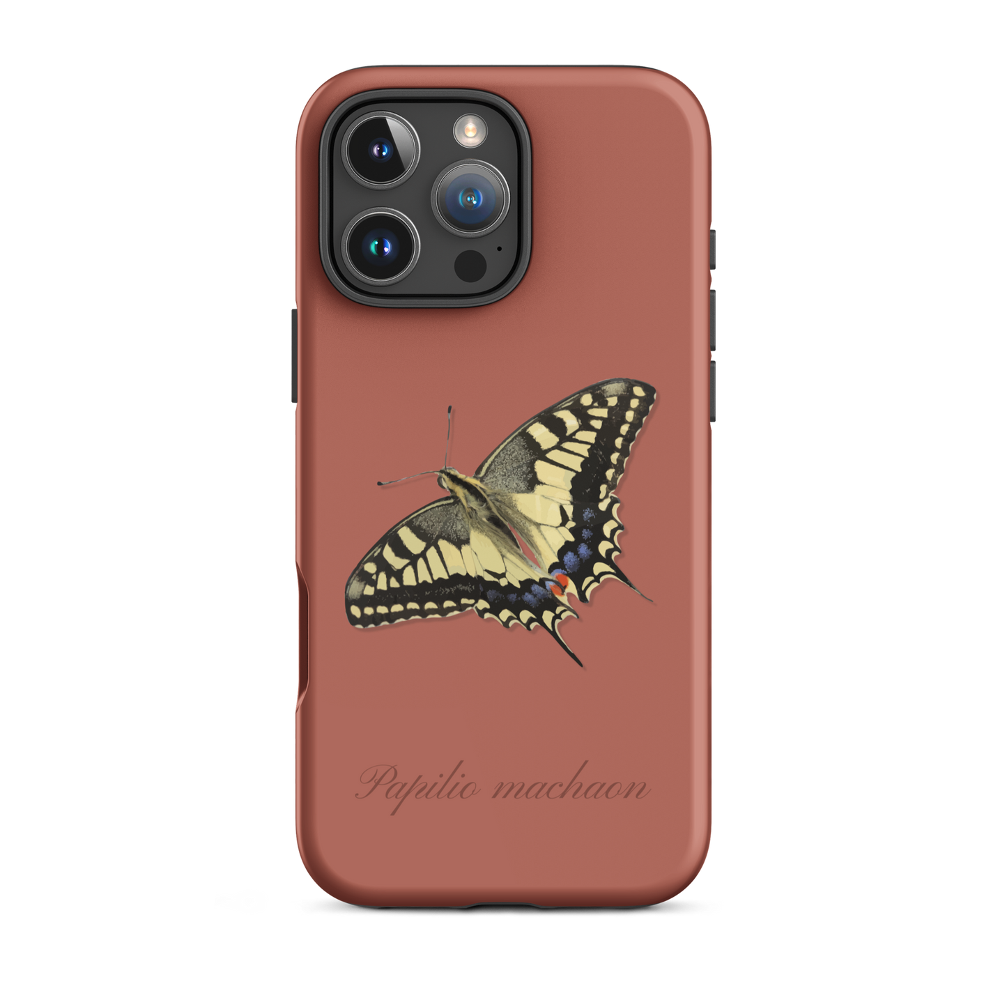 iPhone-Hülle mit Schwalbenschwanz-Muster in Ziegelrot, robustes Design, präzise Aussparungen.