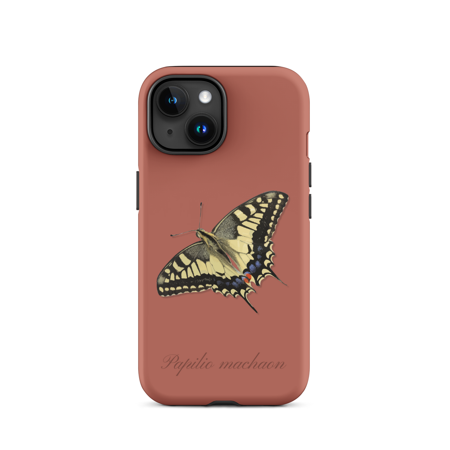 iPhone Hülle mit Schwalbenschwanz-Muster in Ziegelrot, Seitenansicht