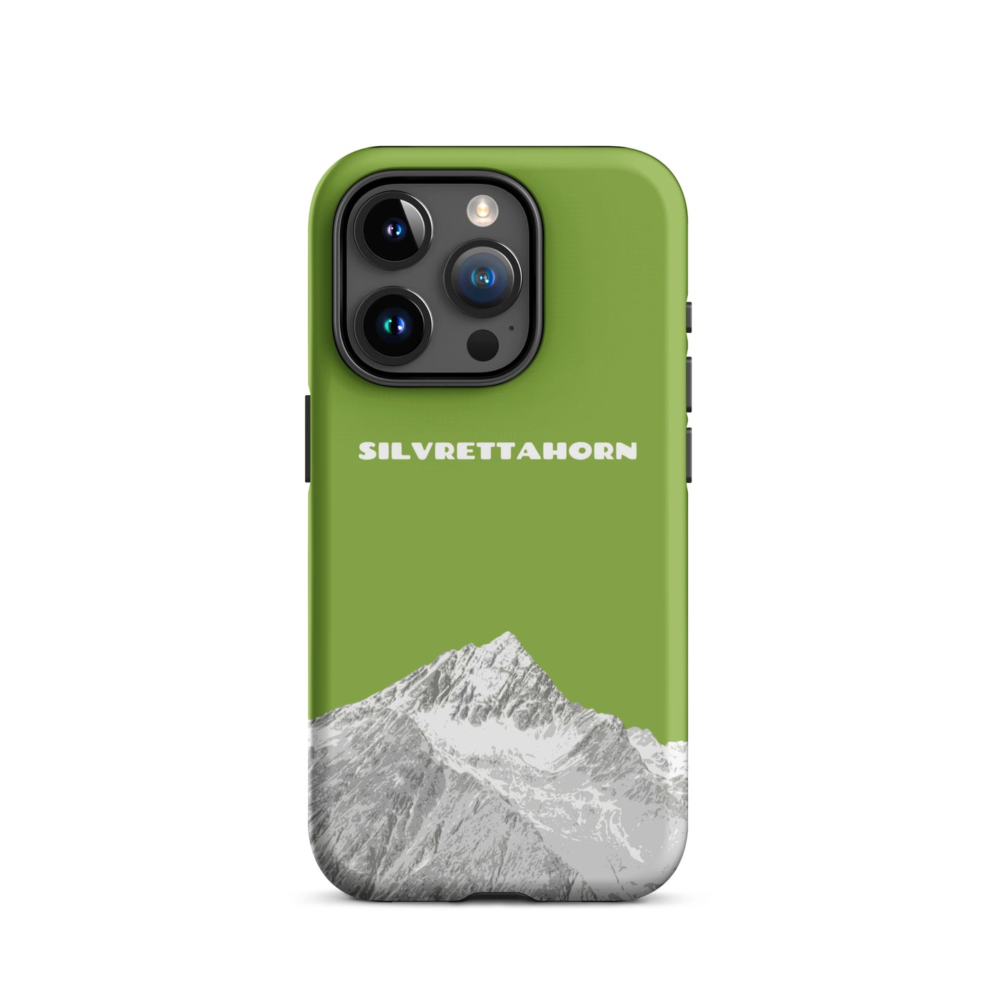 Hülle für das iPhone 15 Pro von Apple in der Farbe Gelbgrün, dass das Silvrettahorn auf der Grenze Graubündens zu Vorarlberg zeigt.