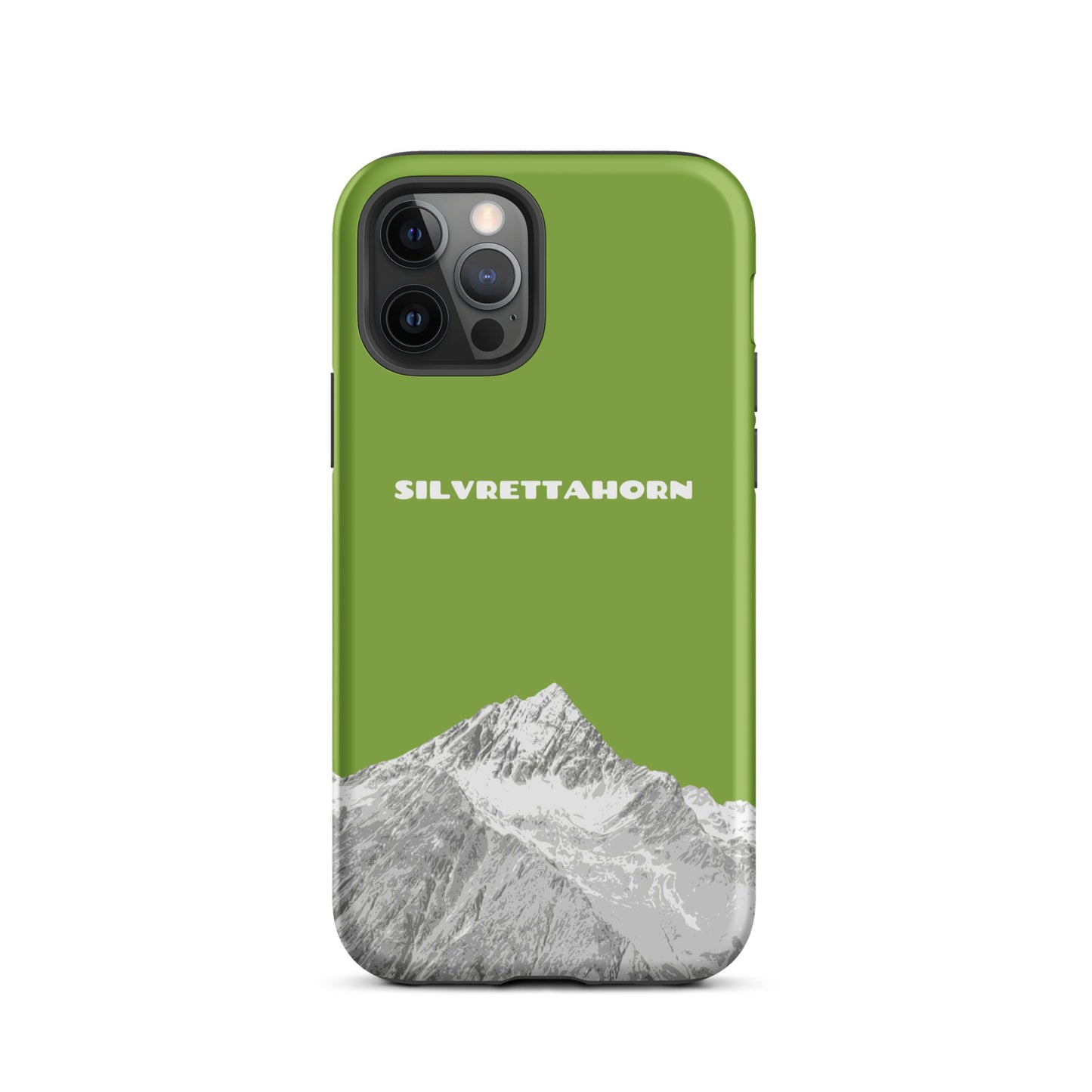 Hülle für das iPhone 12 Pro von Apple in der Farbe Gelbgrün, dass das Silvrettahorn auf der Grenze Graubündens zu Vorarlberg zeigt.