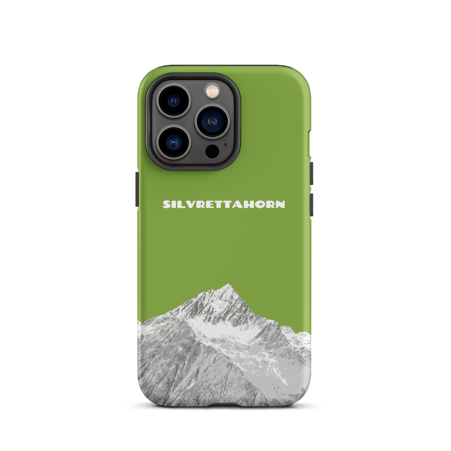Hülle für das iPhone 13 Pro von Apple in der Farbe Gelbgrün, dass das Silvrettahorn auf der Grenze Graubündens zu Vorarlberg zeigt.