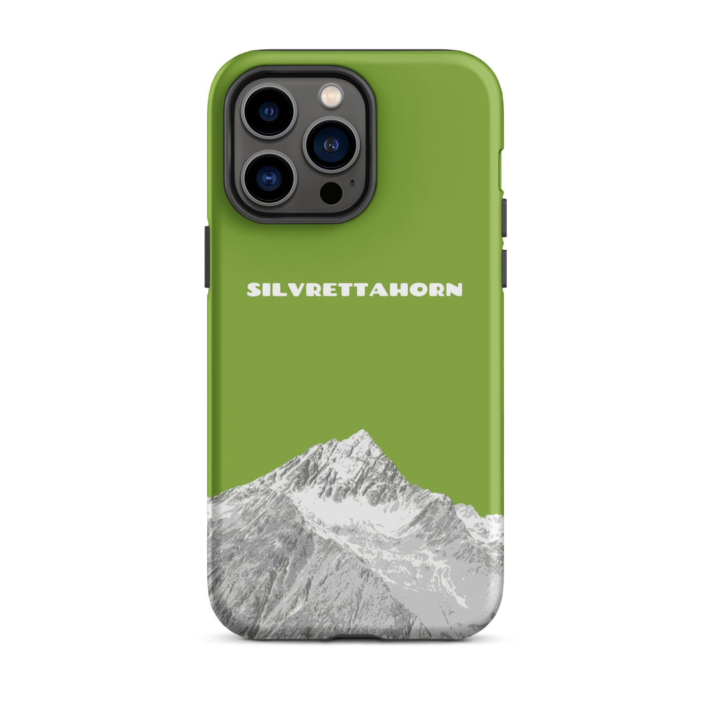 Hülle für das iPhone 14 Pro Max von Apple in der Farbe Gelbgrün, dass das Silvrettahorn auf der Grenze Graubündens zu Vorarlberg zeigt.