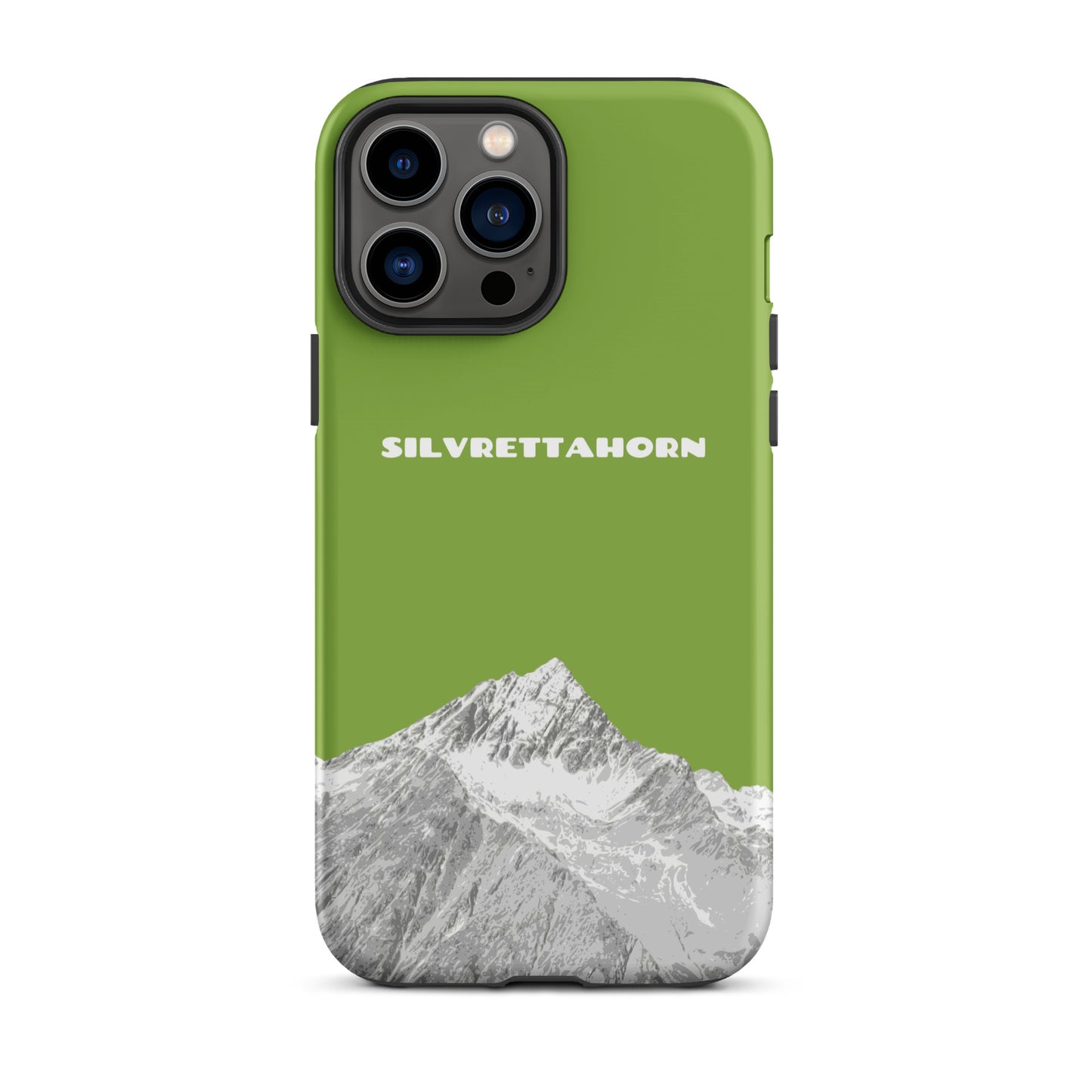Hülle für das iPhone 13 Pro Max von Apple in der Farbe Gelbgrün, dass das Silvrettahorn auf der Grenze Graubündens zu Vorarlberg zeigt.