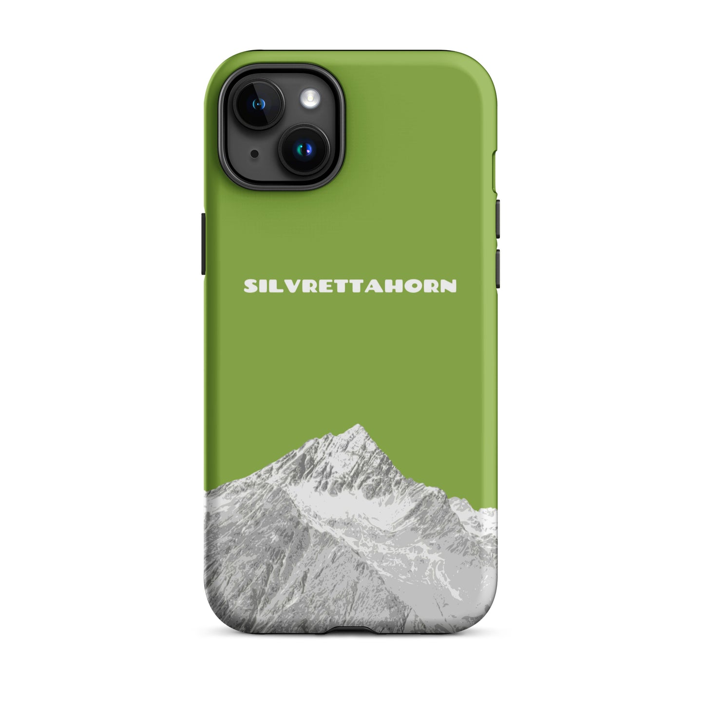 Hülle für das iPhone 15 Plus von Apple in der Farbe Gelbgrün, dass das Silvrettahorn auf der Grenze Graubündens zu Vorarlberg zeigt.
